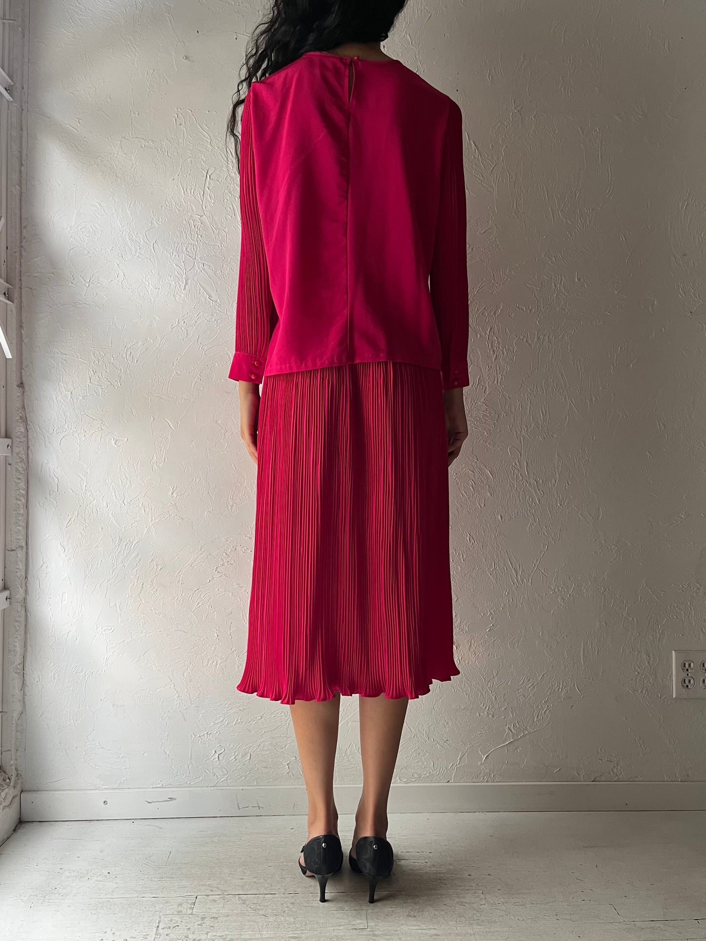 80s 'Koret' Hot Pink Long Sleep Blouse Skirt Set / Union Made / Small