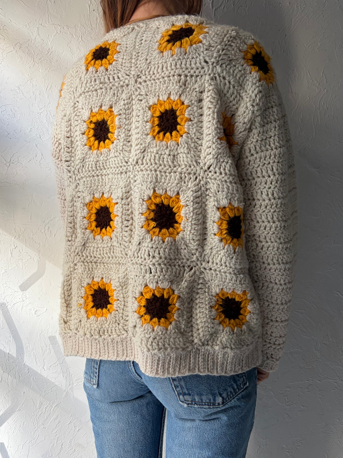 Vintage Crochet Sunflower Cardigan / Medium