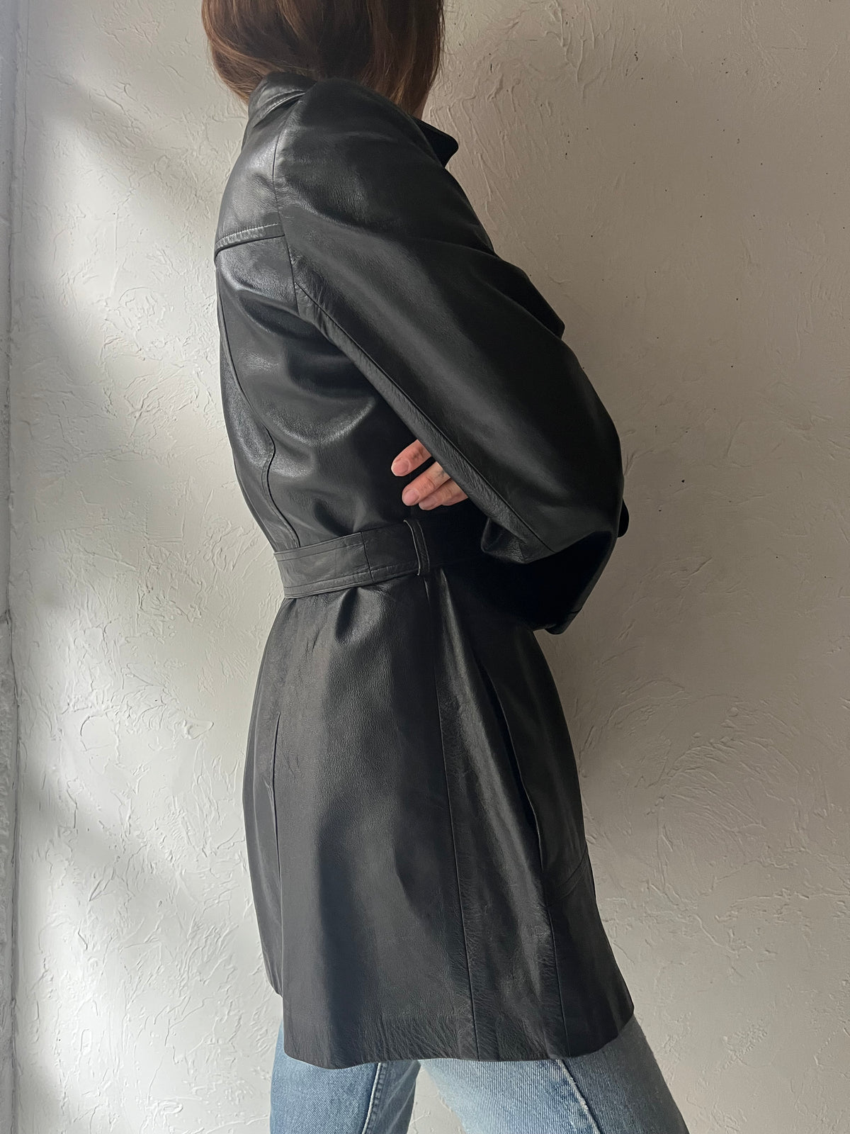 90s 'Dan Di Modes' Black Leather Half Trench Coat / Medium