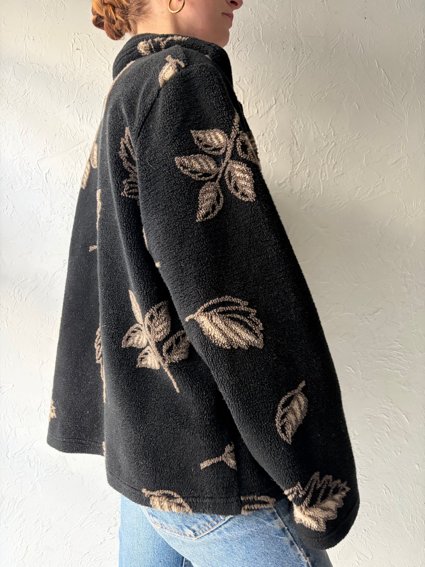 90s 'MIC' Black Leaf Fleece Jacket / Small