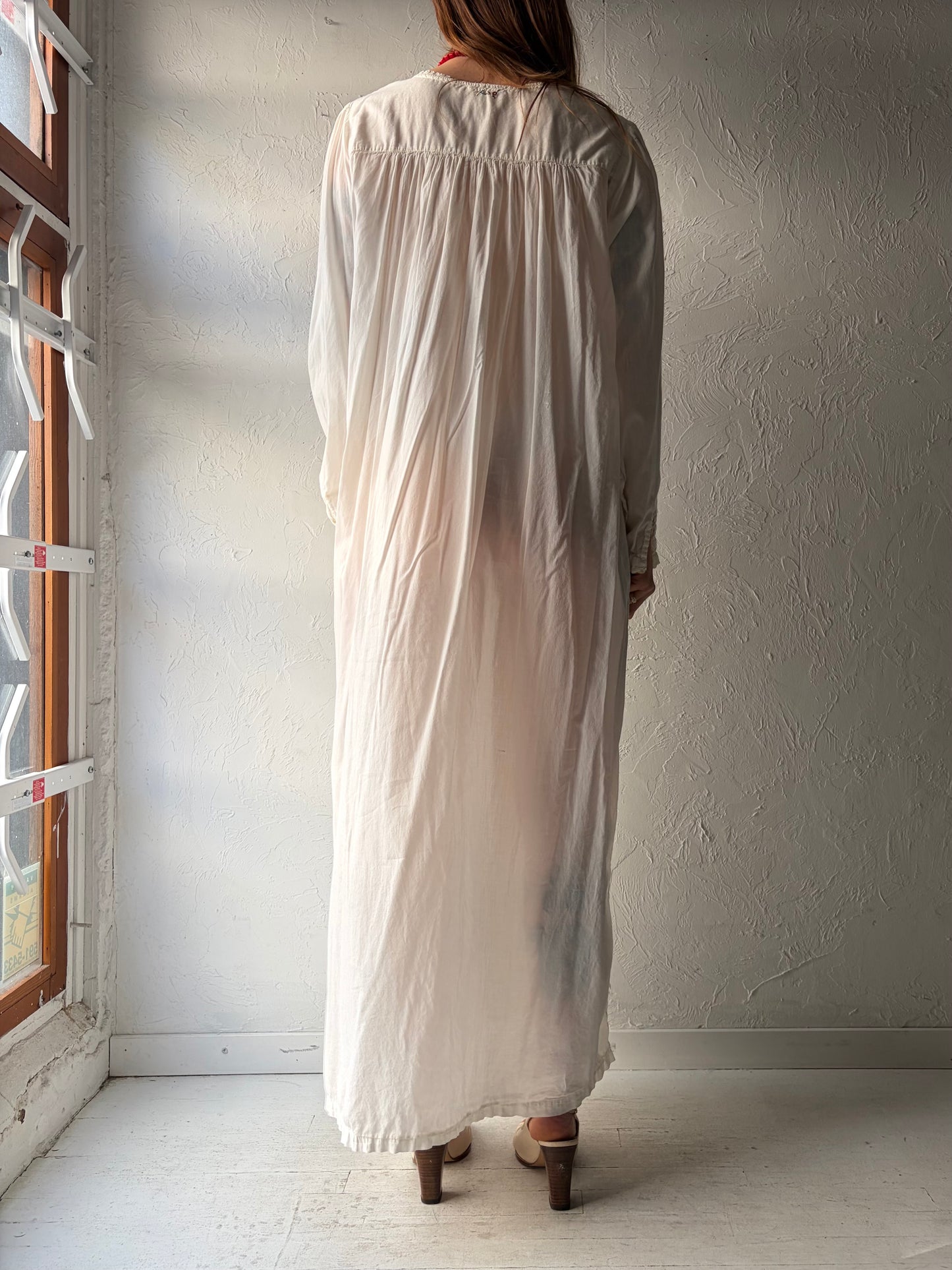 90s 'April Cornell' White Cotton Cottage Core Maxi Dress / Large