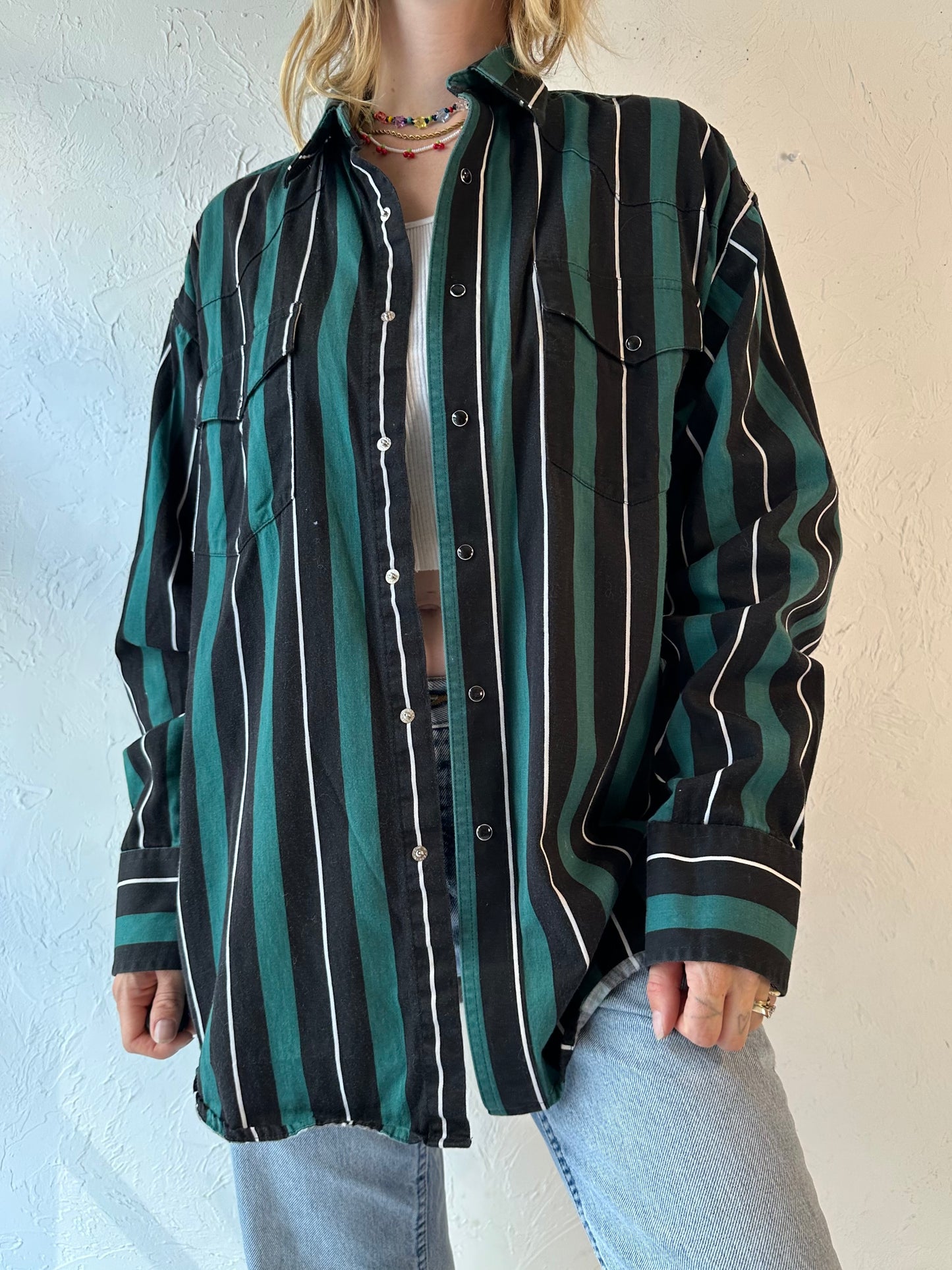 Vintage 'Wrangler' Striped Cotton Western Black Snap Shirt / XL