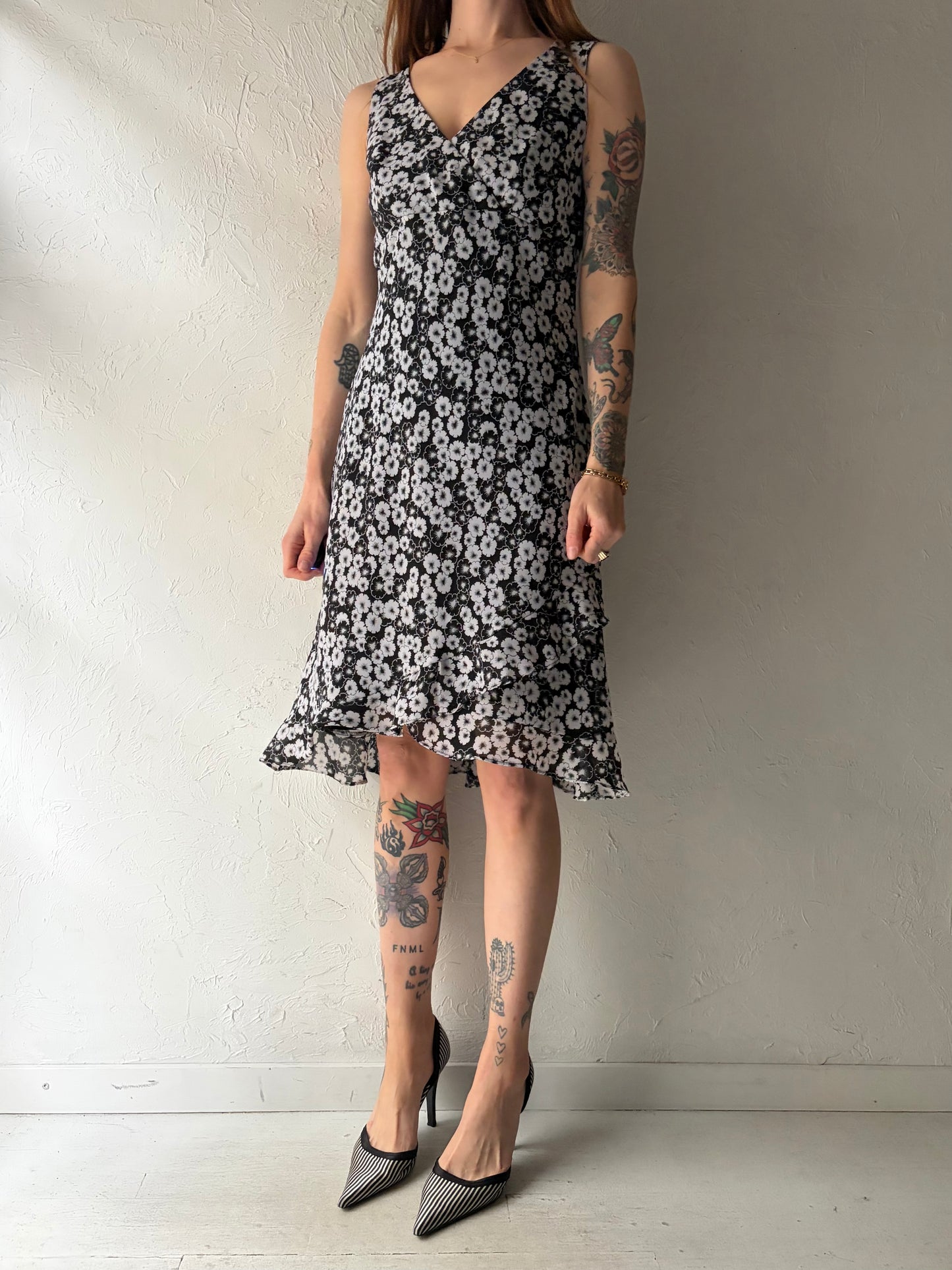 80s 'Alyn Paige' Black & White Floral Midi Dress / Vintage 1980s Retro Summer Dress / Small