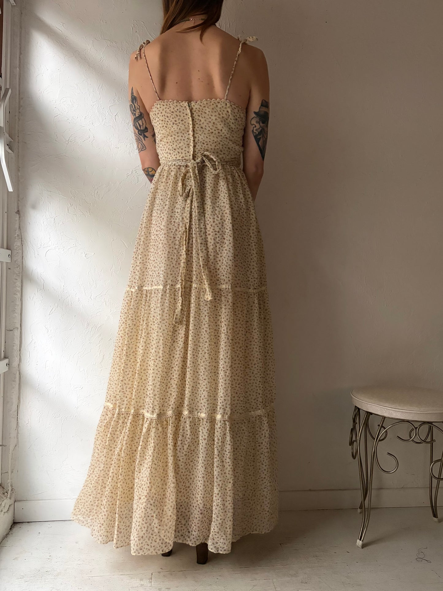 70s 'Candi Jones' Beige Peasant Dress / Small