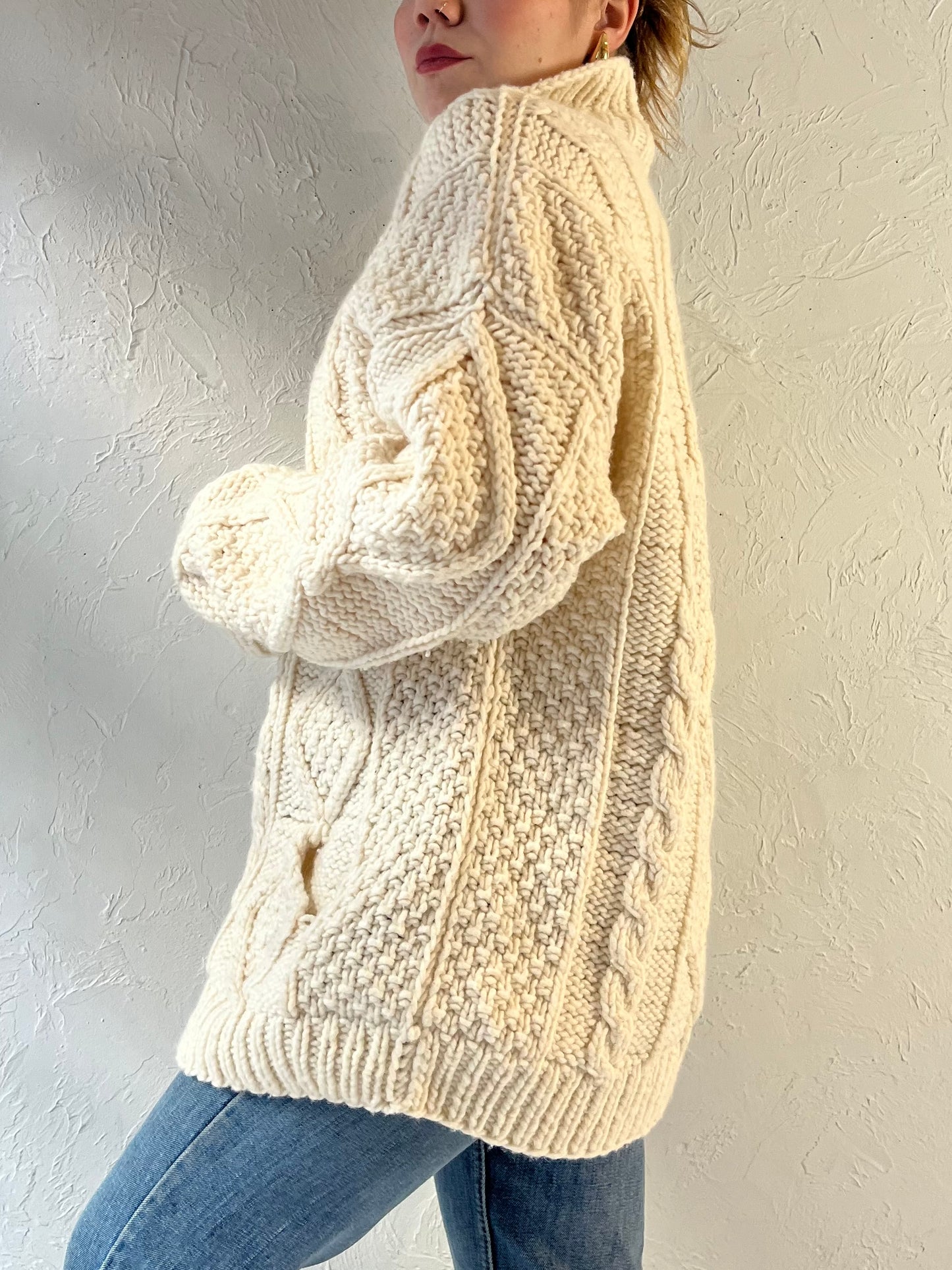 Vintage ‘Atesanias’ Cream Cable Knit Zip Up Sweater / Medium