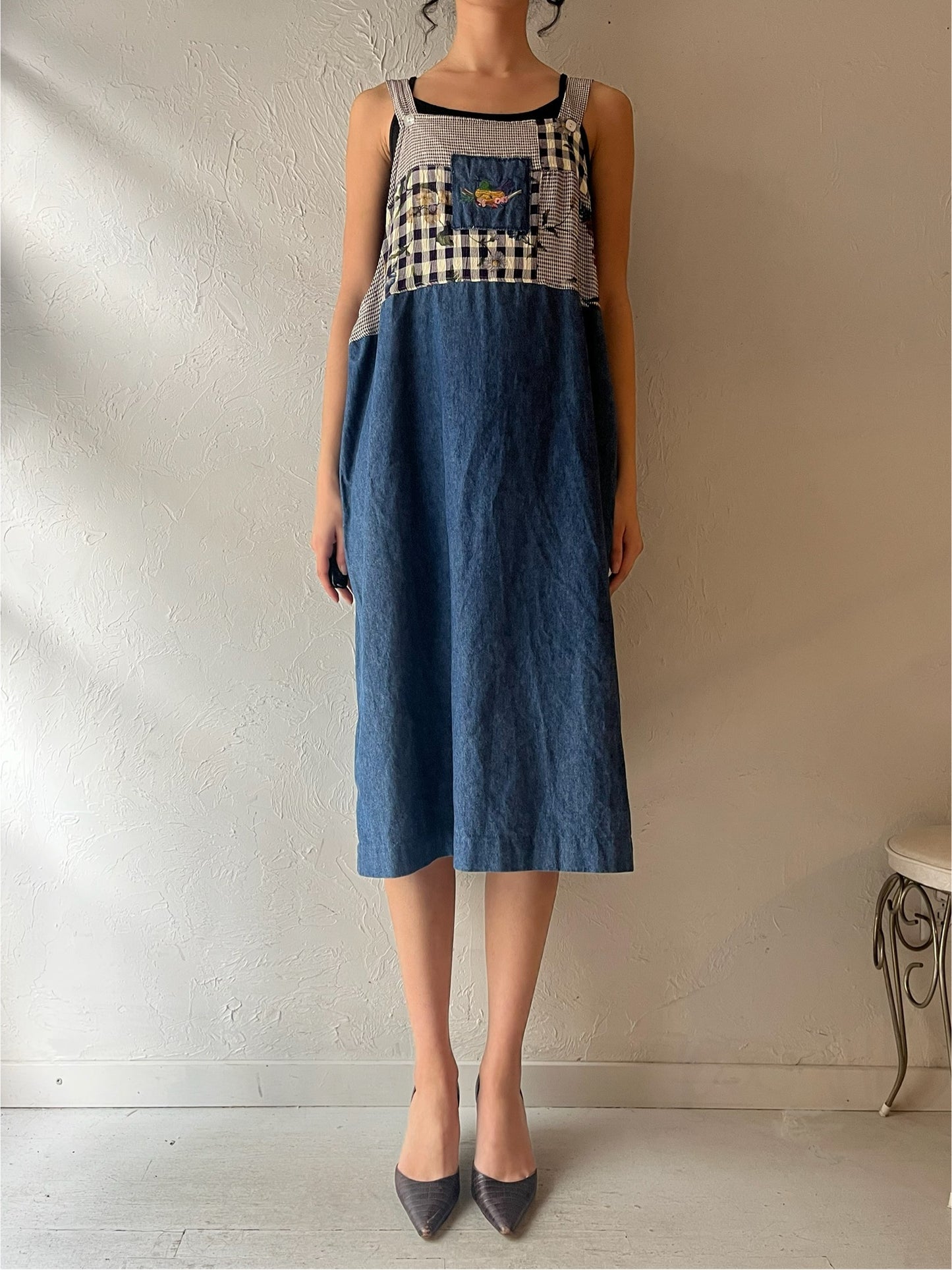 90s 'Teddi' Embroidered Denim Dress / Large
