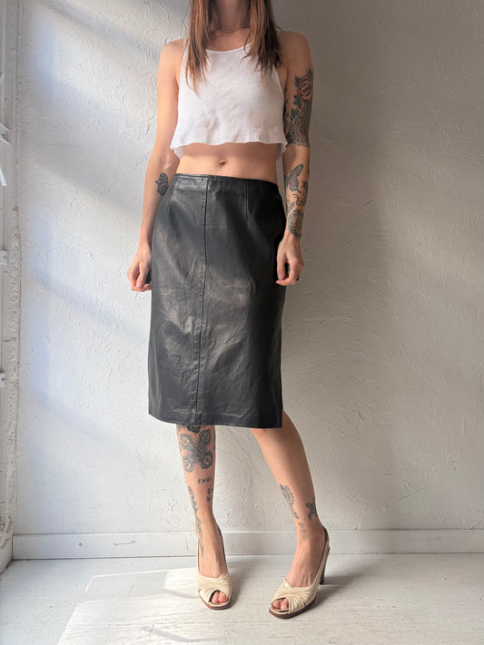90s 'Danier' Dark Academia Black Leather Pencil High Waisted Skirt / Medium