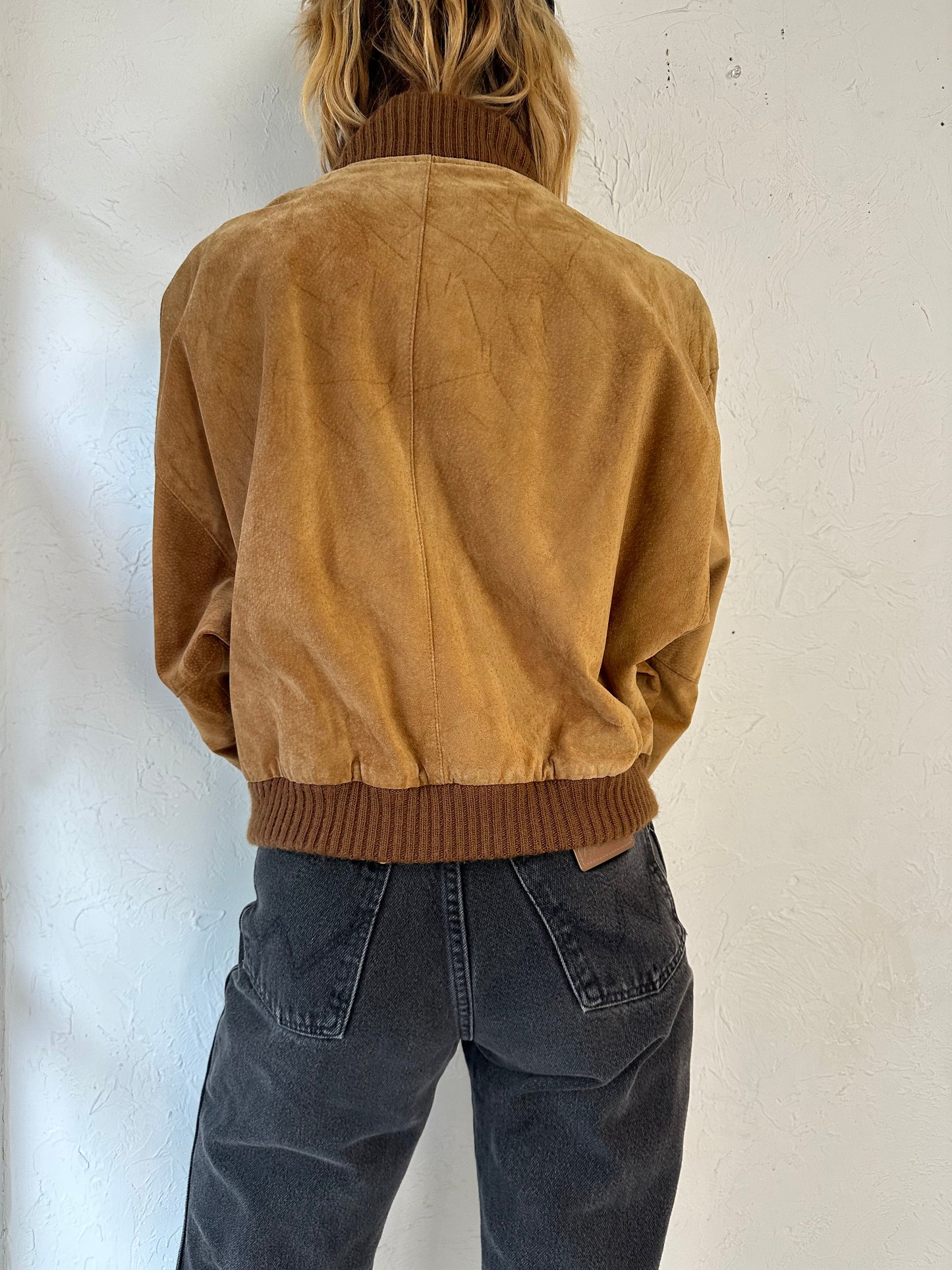 90s 'West Bay' Suede Leather Bomber Jacket / Large