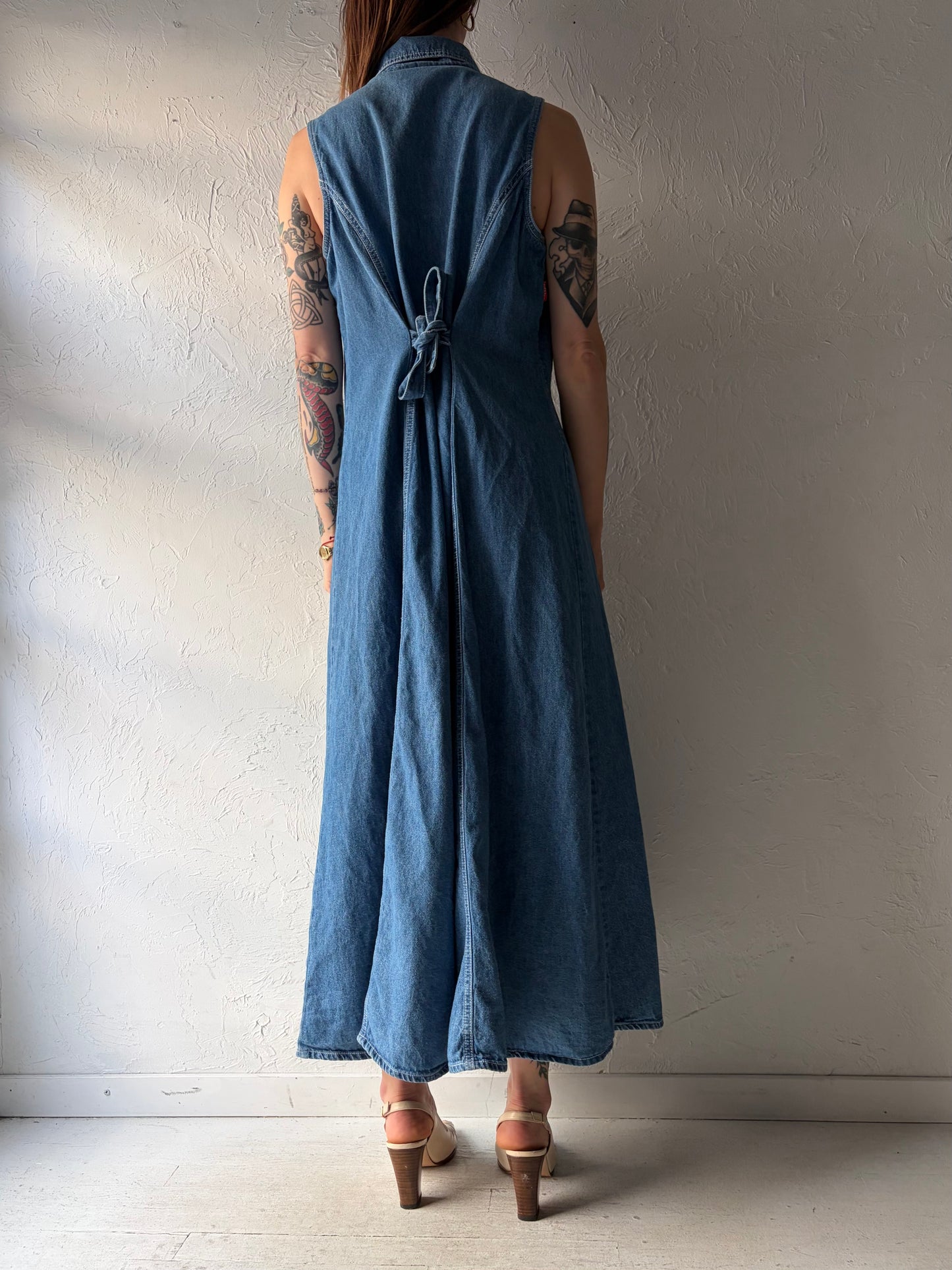 90s 'Tickers' Button Up Collared Denim Maxi Dress / XL