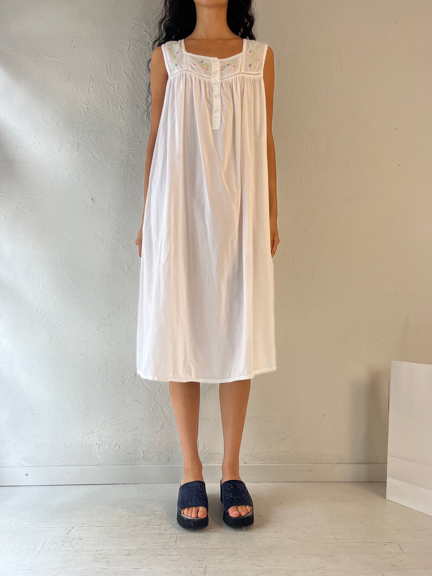 Vintage White Cotton Midi Dress / Medium