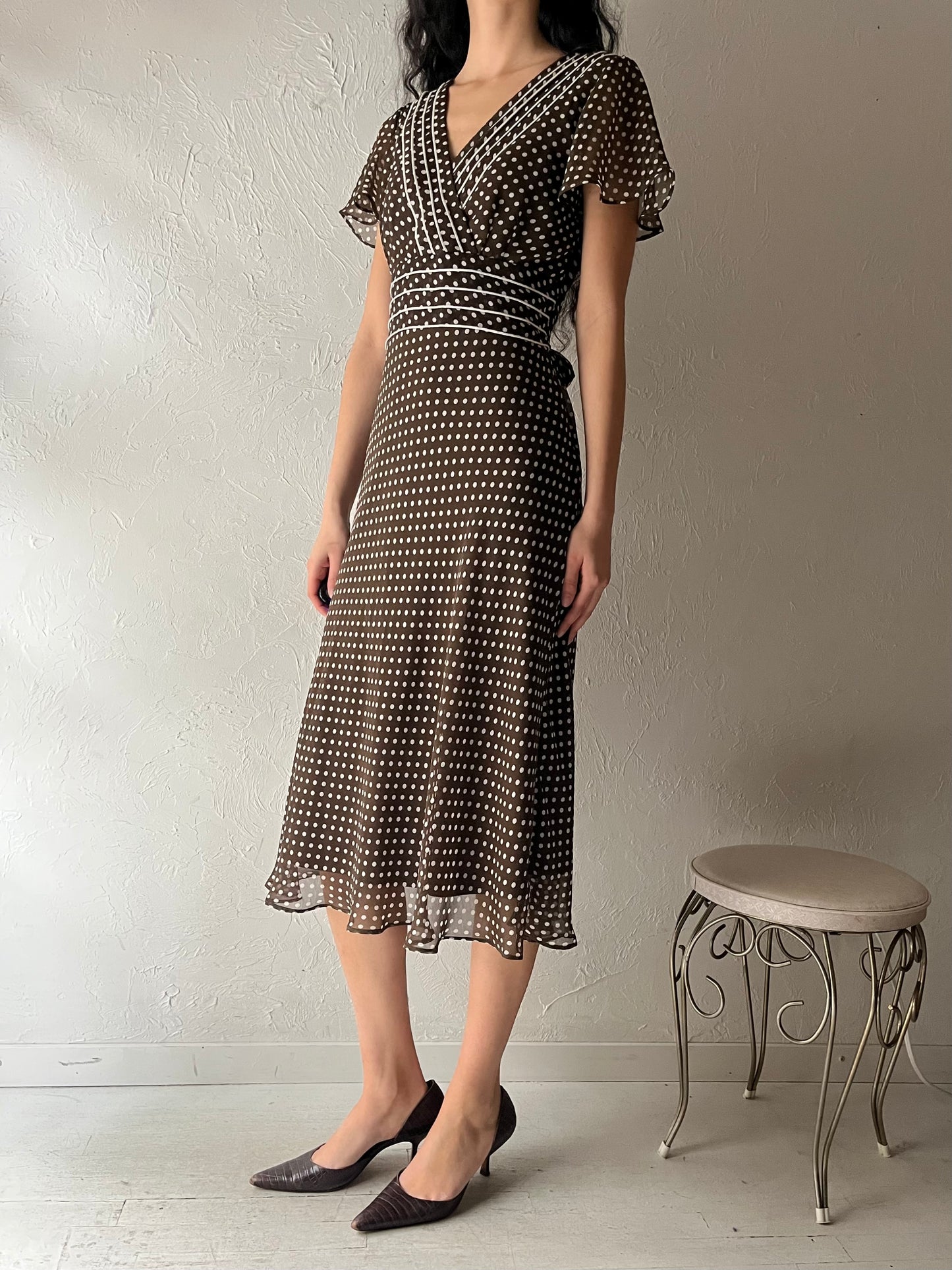 90s 'Karin Stevens' Brown Polka Dot Midi Dress / Medium