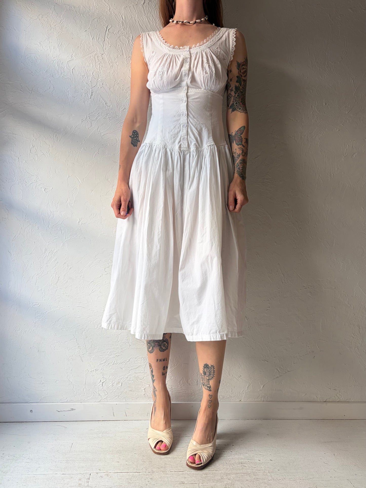 90s 'Starina' White Cotton Milk Maid Dress / Small