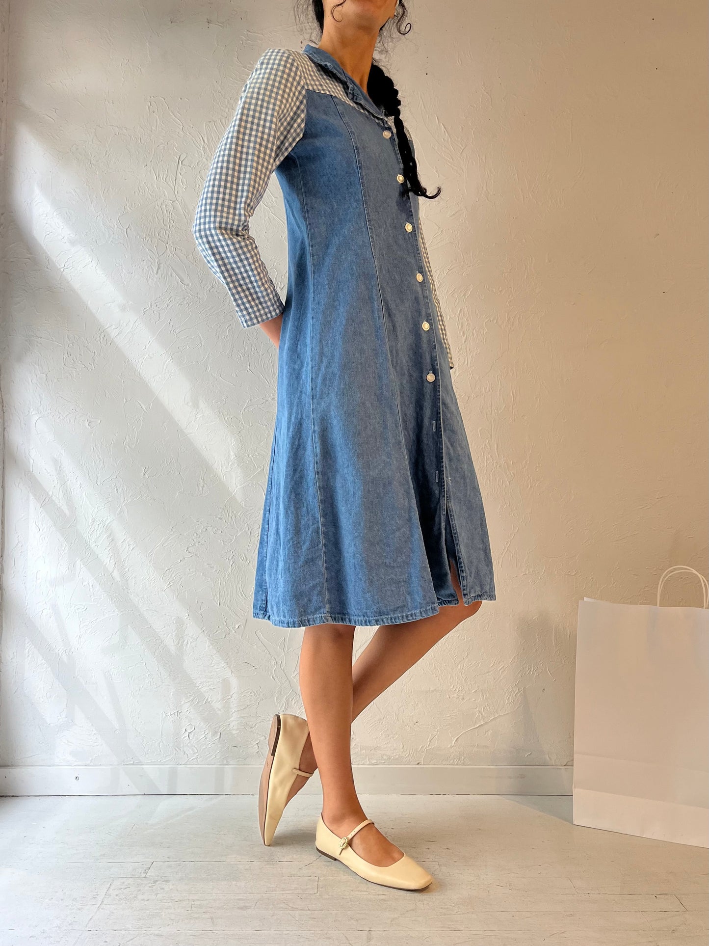 90s 'Rose Cottage' Long Sleeve Collared Denim Dress / Small