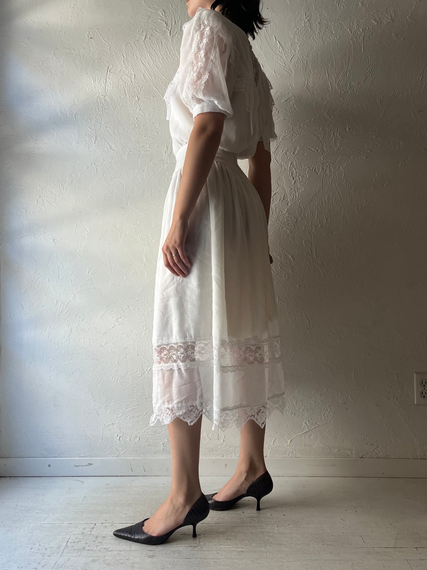 80s 'Jessica McClintock' White Romanic Prairie Cottage Core Summer Garden Party Dress / Small