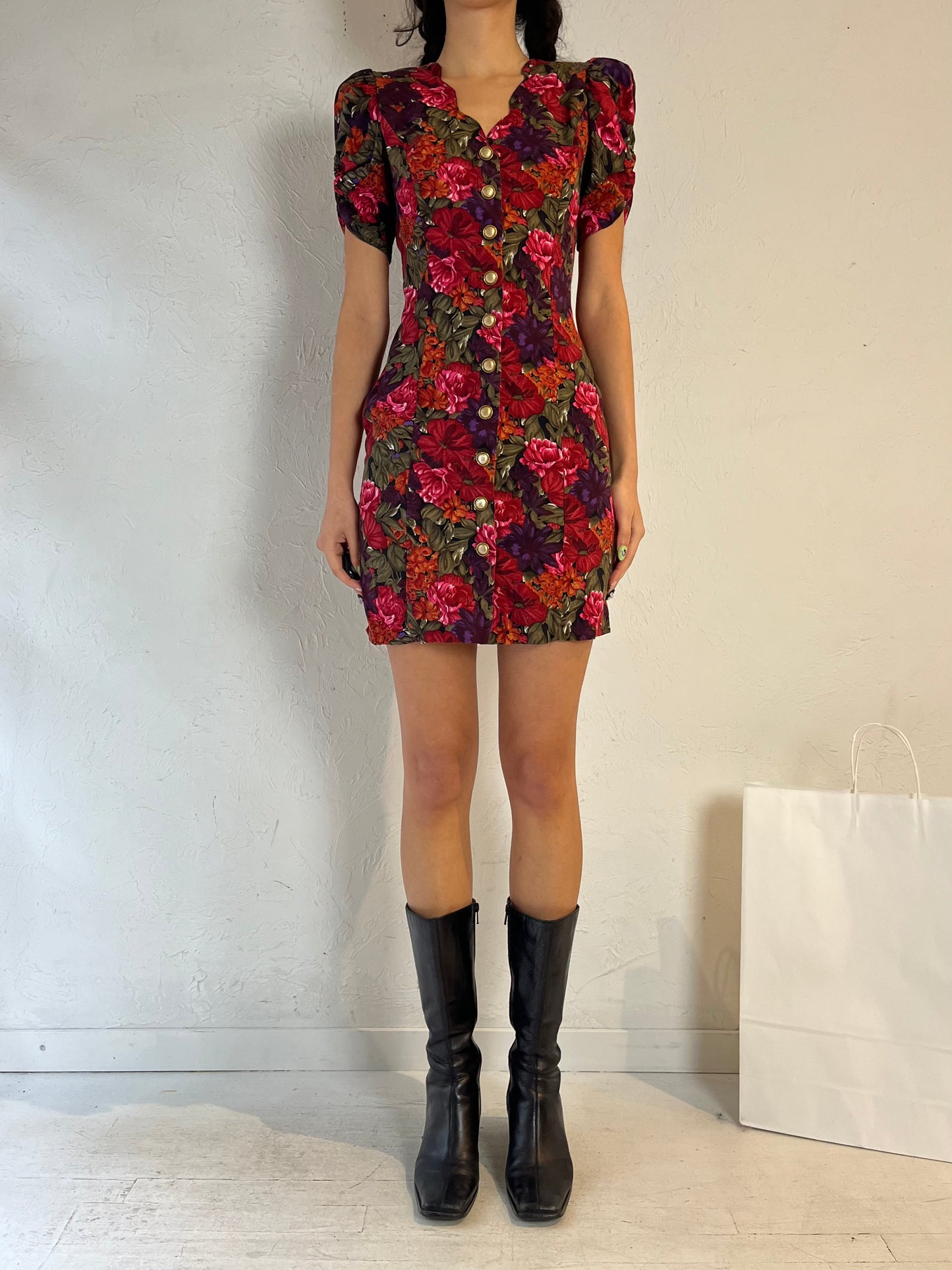 90s ‘All That Jazz’ Pink Floral Mini Dress / Small