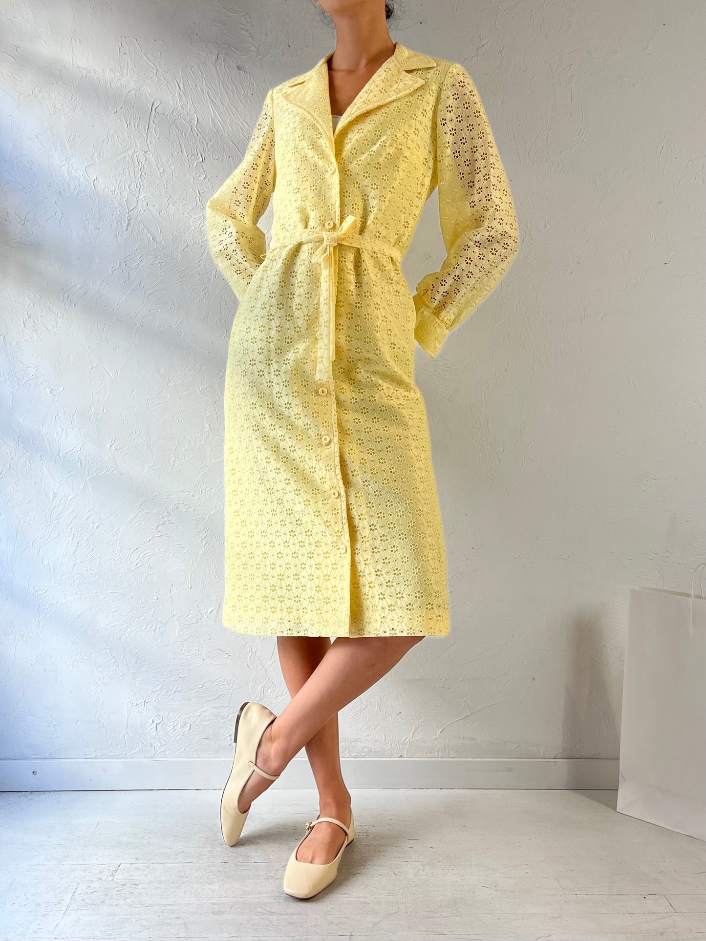 Vintage Handmade Yellow Button Up Jacket Dress / Small