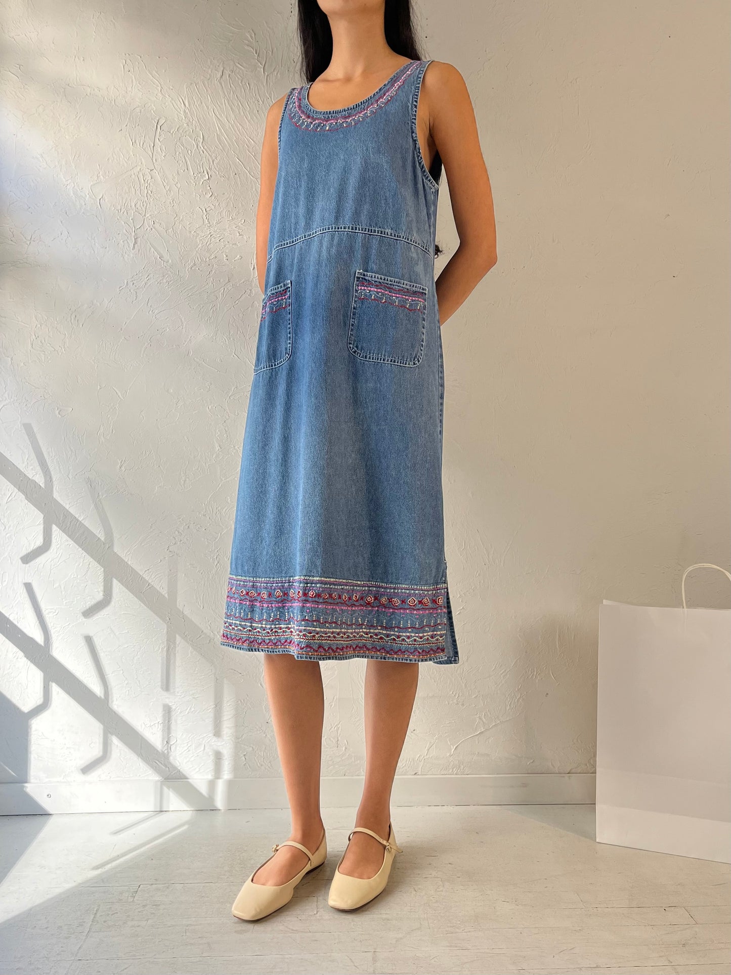 90s ‘Silverlake’ Embroidered Denim Dress / Small