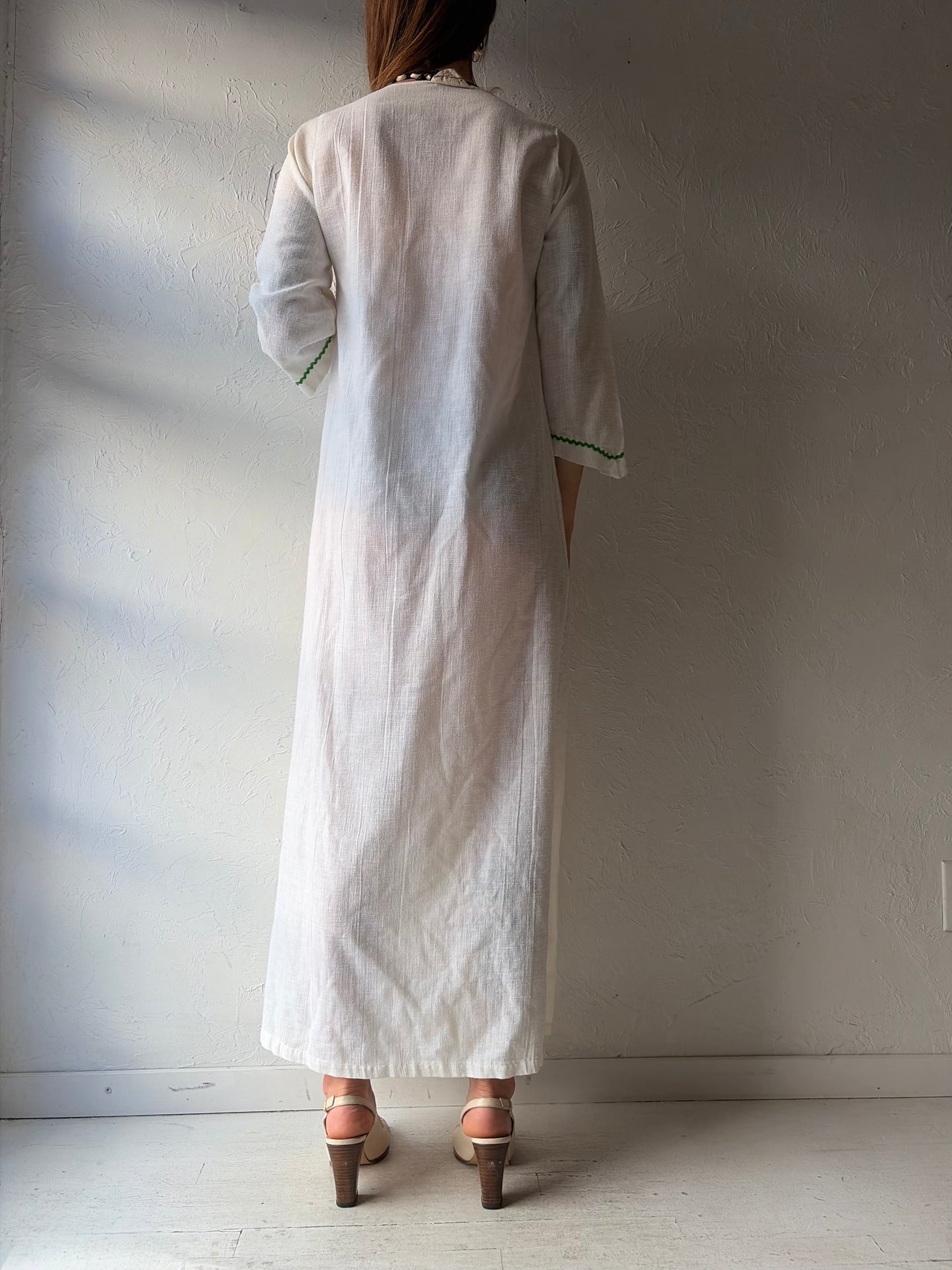 70s 'Leisure Fashions' Cotton Gauze Embroidered Maxi Dress / Small