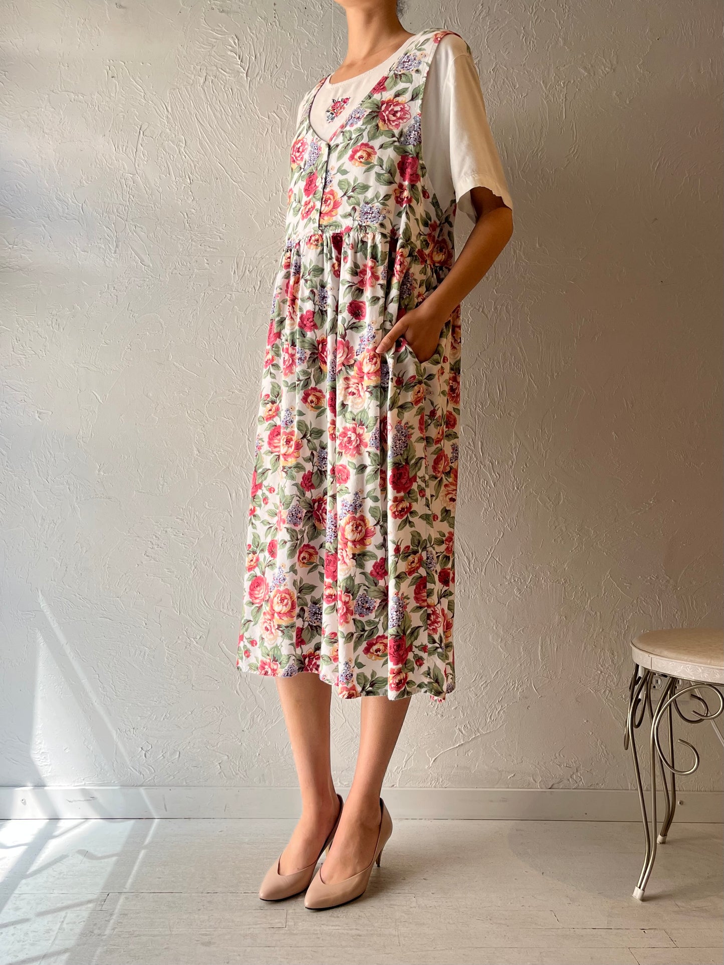 90s 'Capacity' Floral Cottagecore Summer Shirt Dress / XL