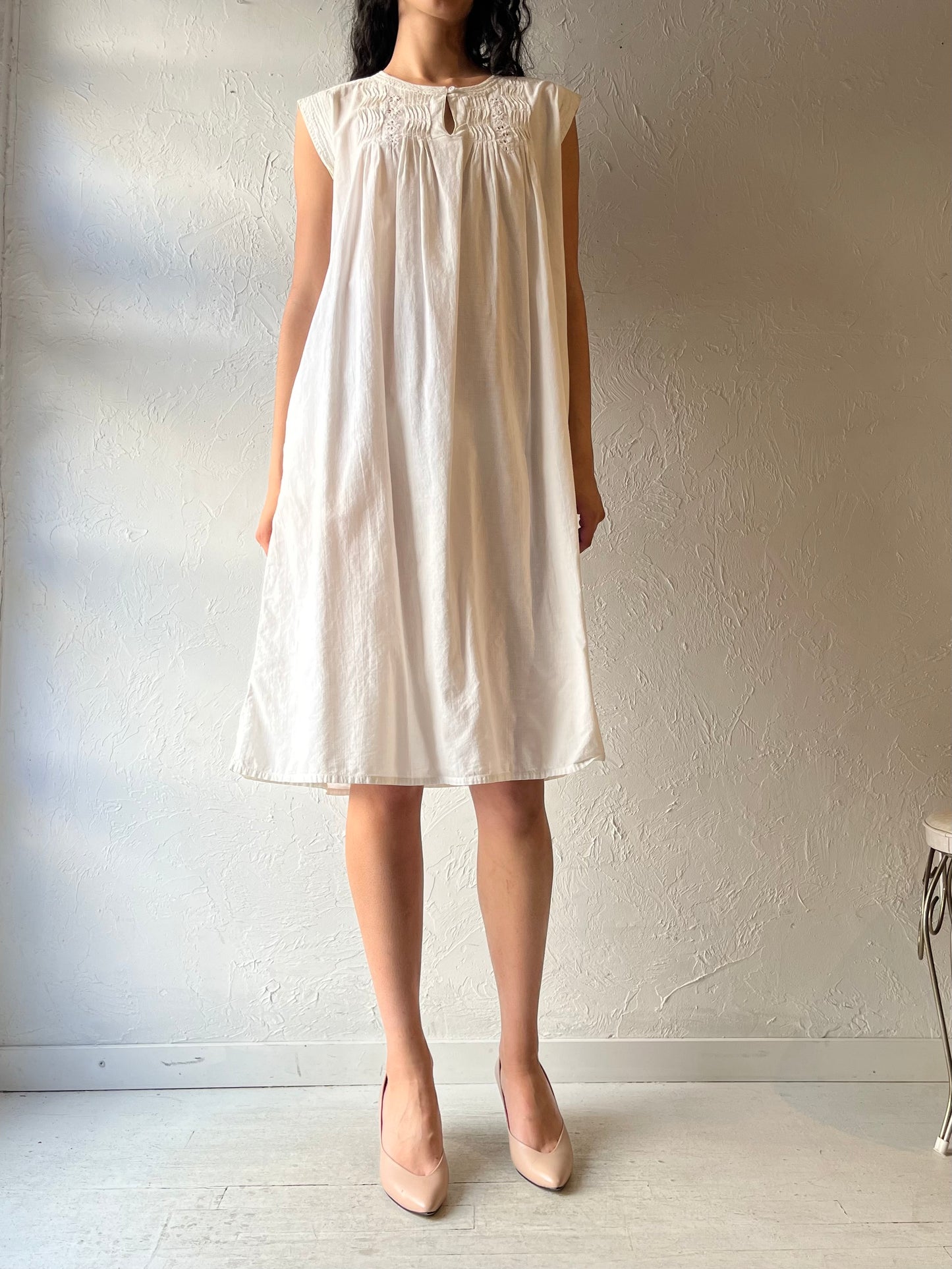 80s 'Punches' White Cotton Cottage Core Midi Dress / Medium