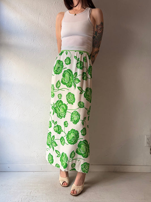 70s Handmade Green Floral Maxi Skirt / XS