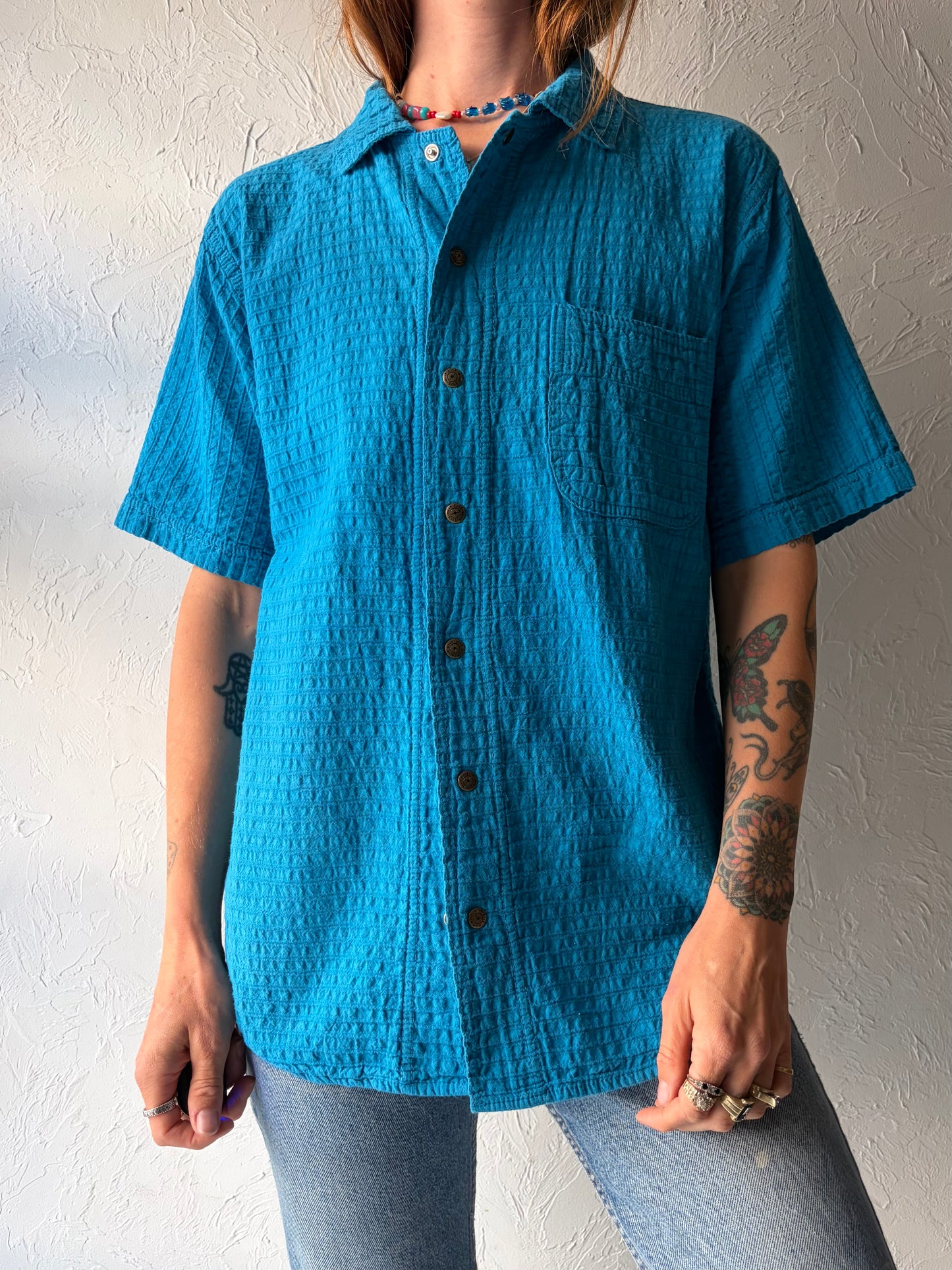 90s 'Ezze Wear' Blue Cotton Normcore Minimalist Snap Up Short Sleeve Shirt / Small
