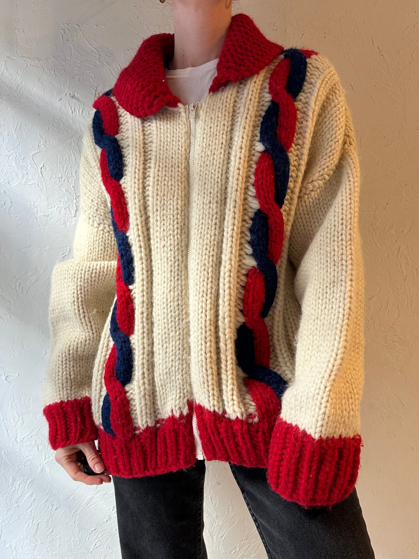 Vintage Hand Knit Cardigan Sweater / Large