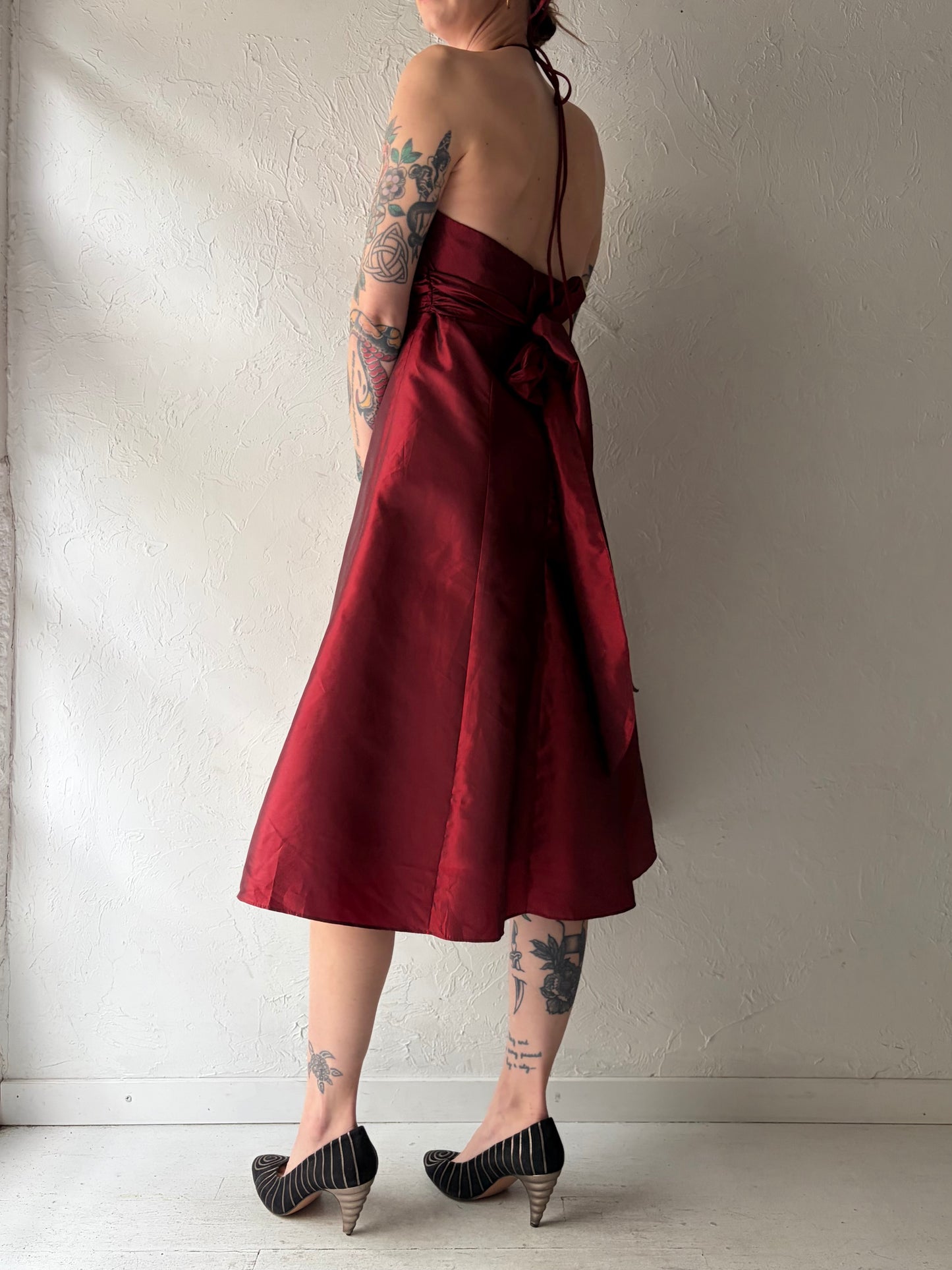90s 'Sally' Red Formal Halter Dress / Small