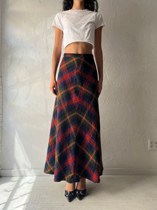 Vintage Plaid Knit Winter Maxi Skirt / Small