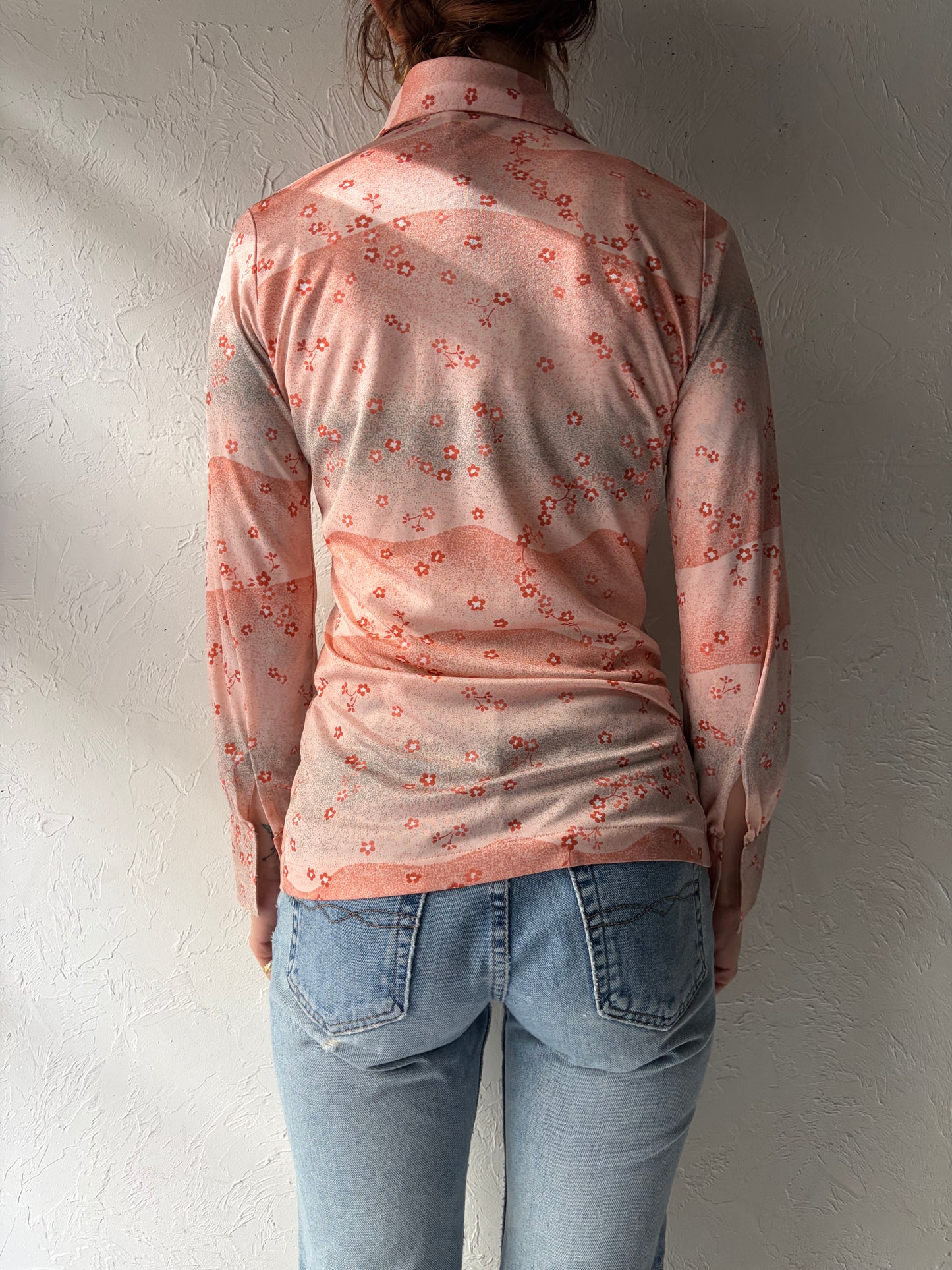 70s 'Elite' Vintage Retro Pink Floral Collared Blouse / Small