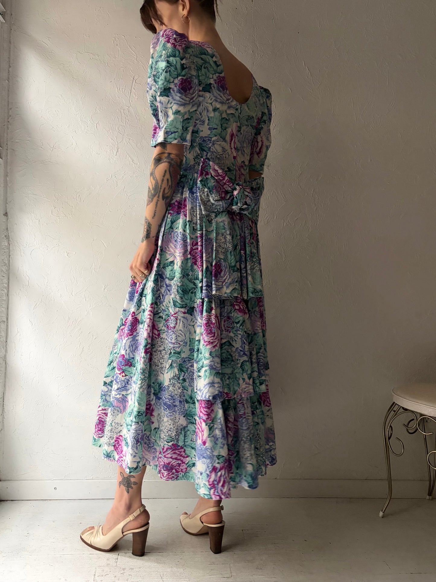 80s Handmade Floral Midi Dress / Small