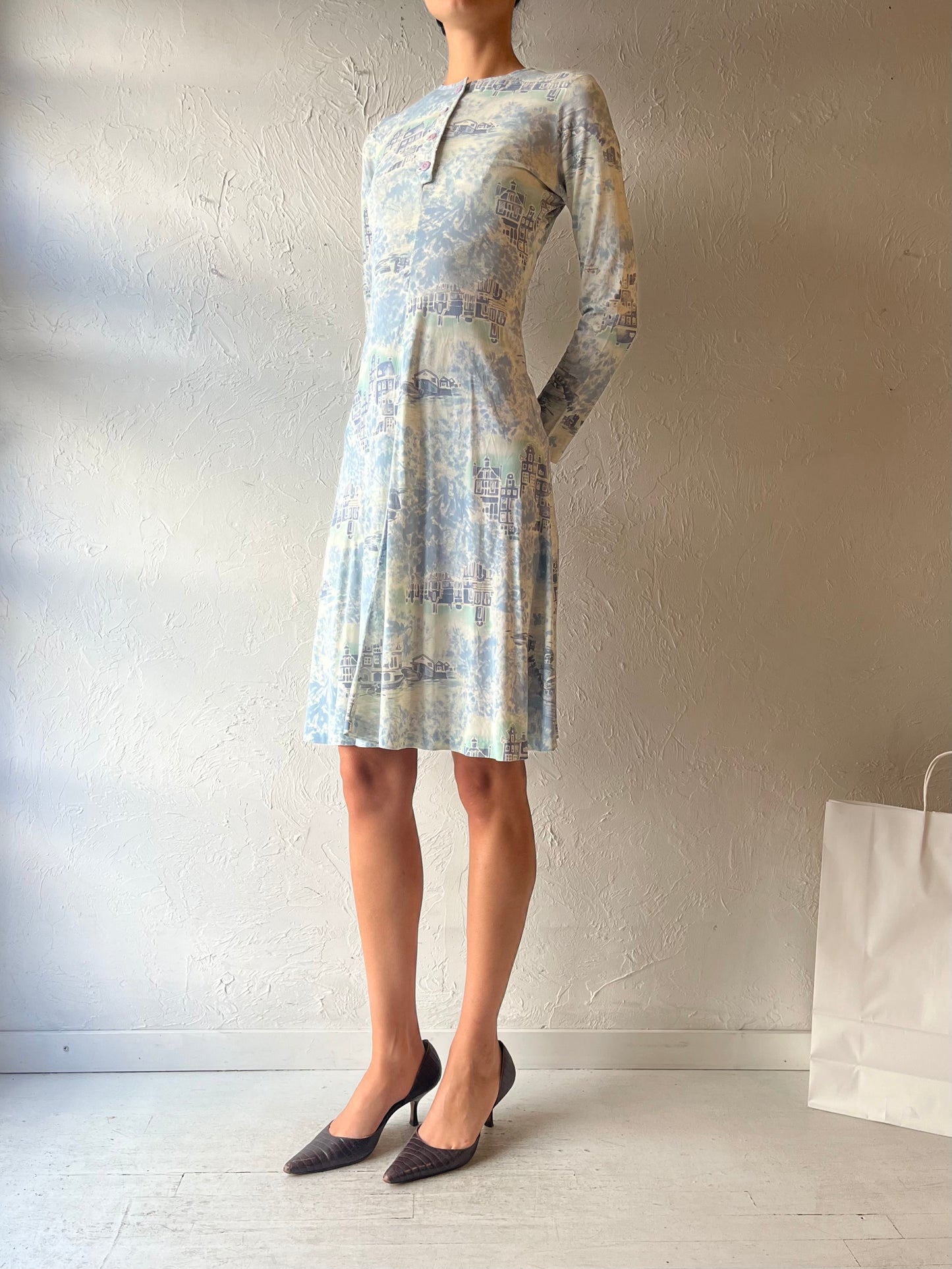 70s Blue Patterned Midi Dress / Small