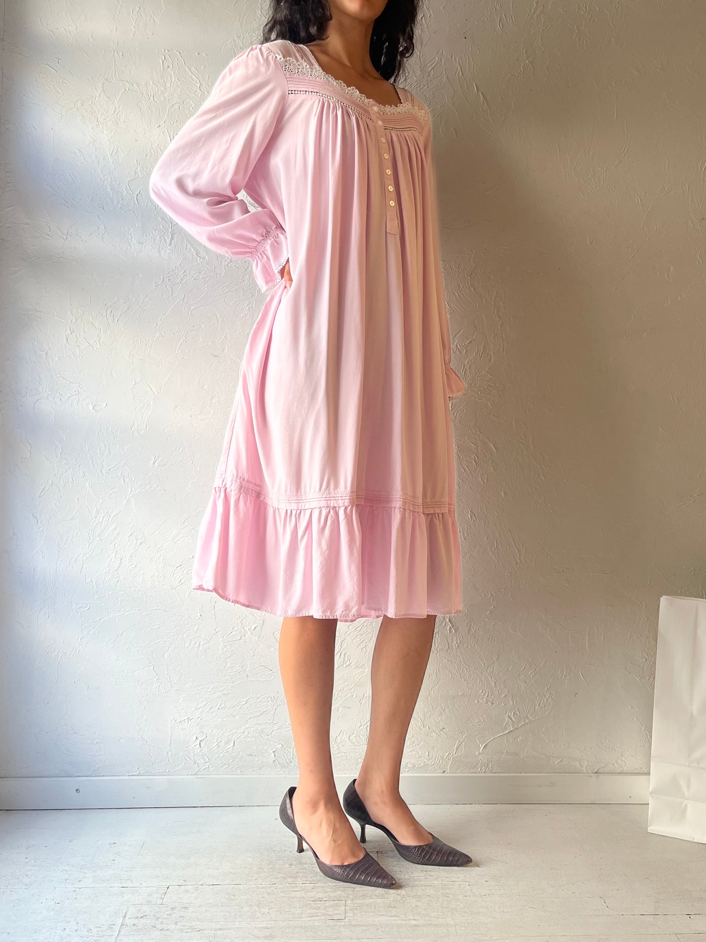Y2K ‘Eileen West' Pink Long Sleeve Cotton Dress / Large