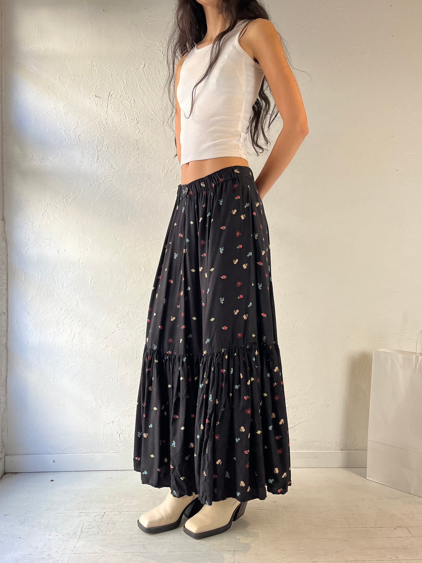 90s ‘Desert West’ Black Tiered Maxi Skirt / Medium