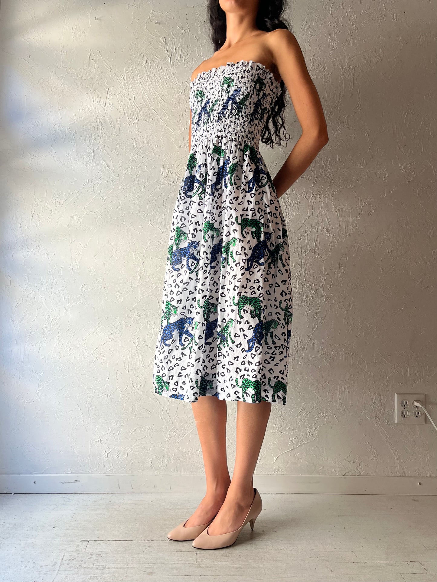 70s ' Star of Siam' Smocked Strapless Animal Print Midi Dress / Small - Medium