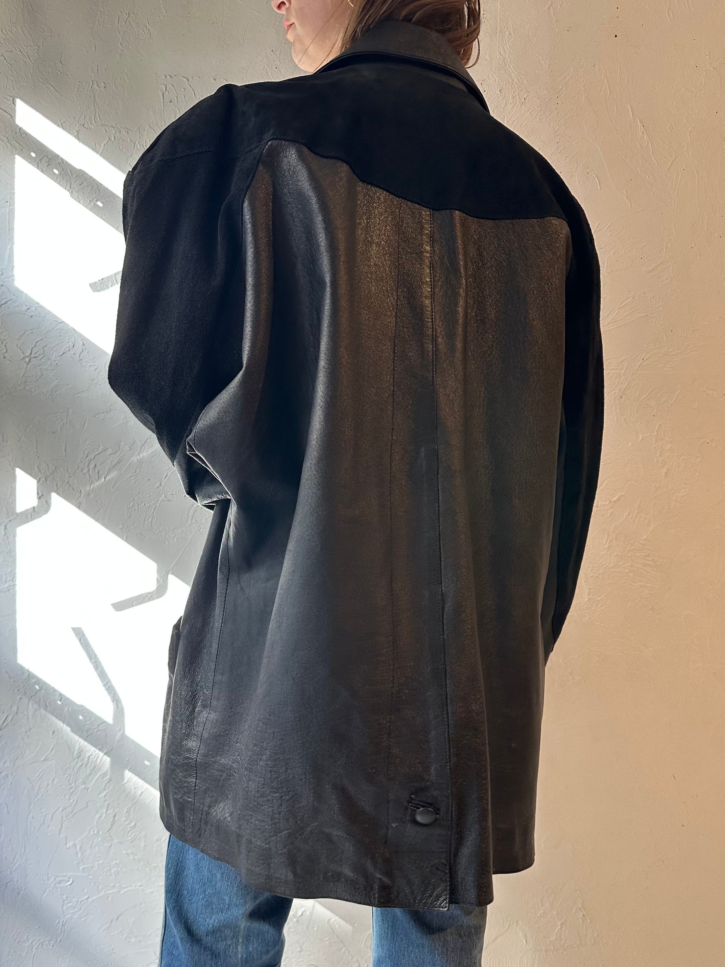 80s Black Leather and Suede Jacket / Large