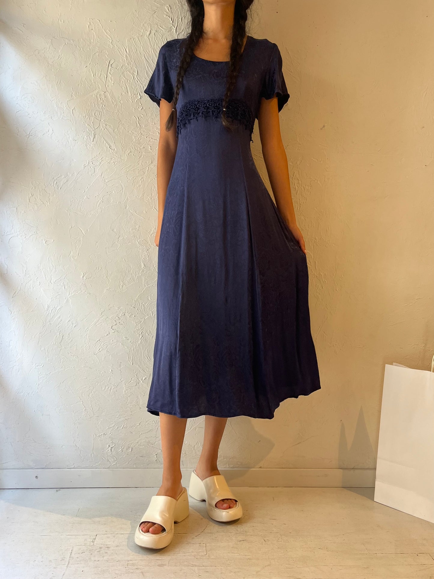 90s 'Jody' Navy Blue Silky Rayon Midi Dress / Small - Medium