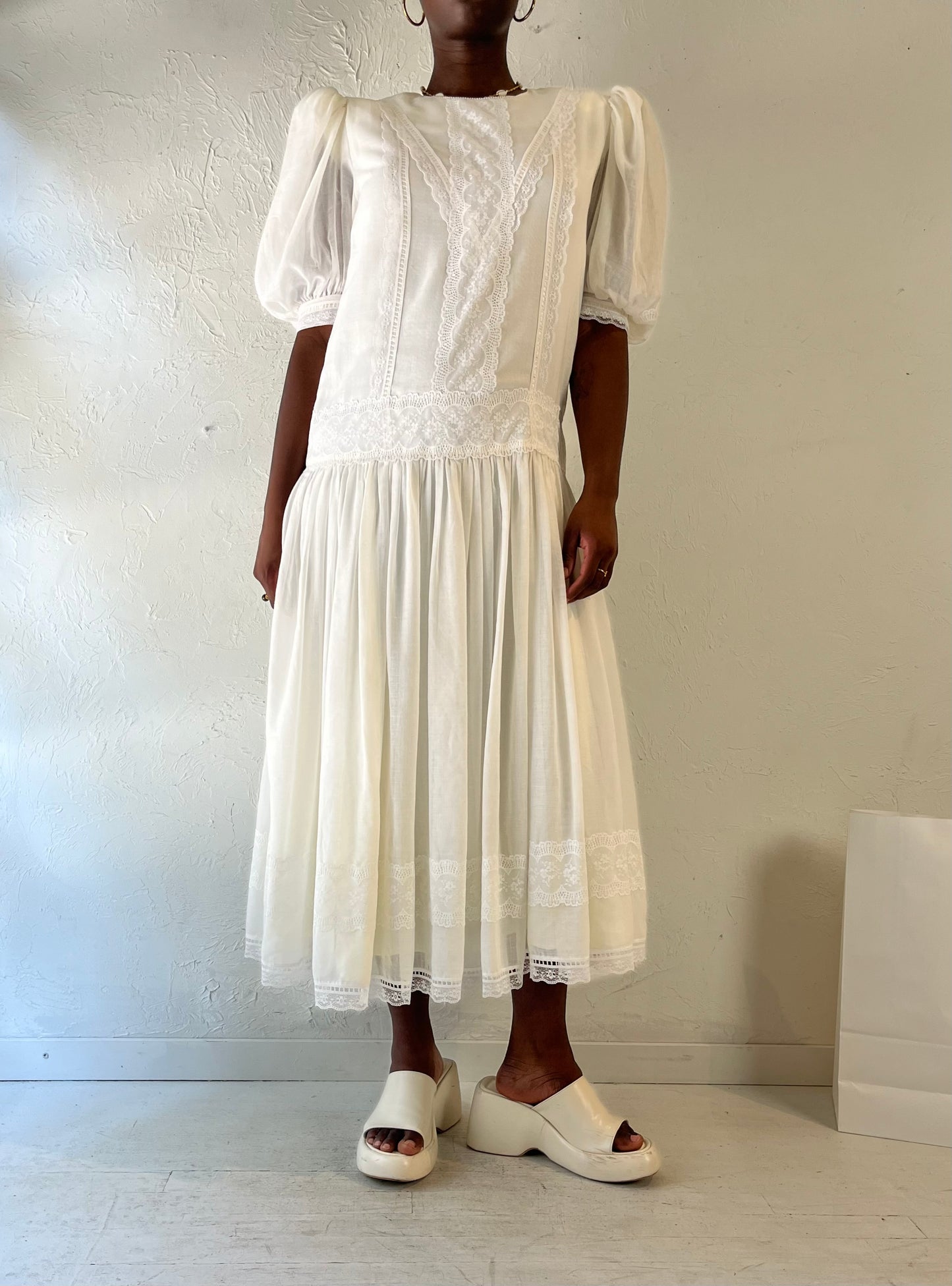 80s 'Jessica McClintock' White Drop Waist Midi Dress / Medium