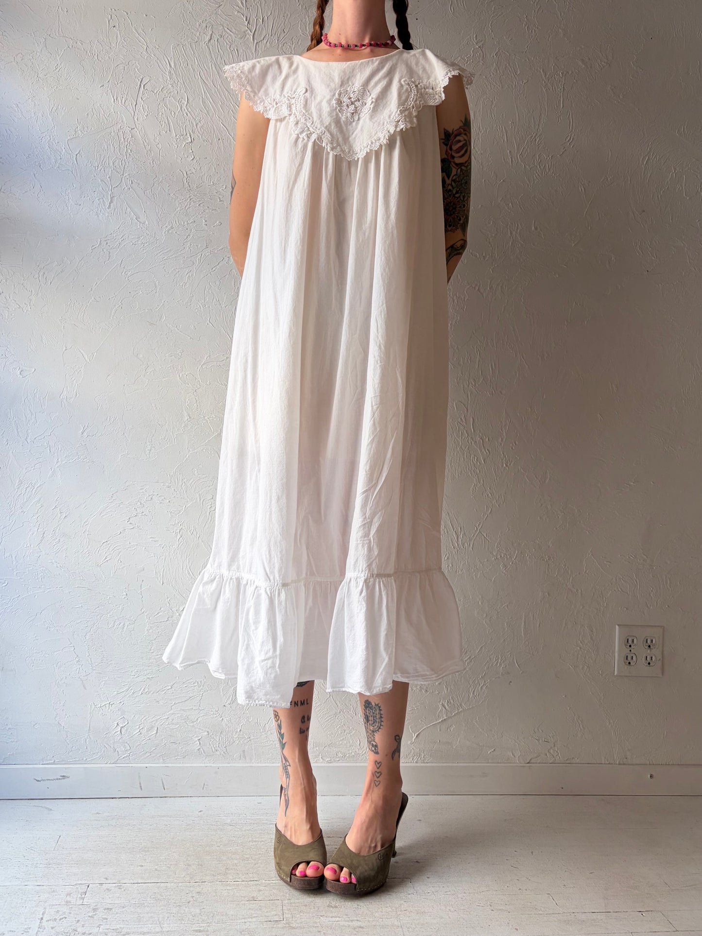90s 'Verona' White Cotton Cottage Core Dress / Large