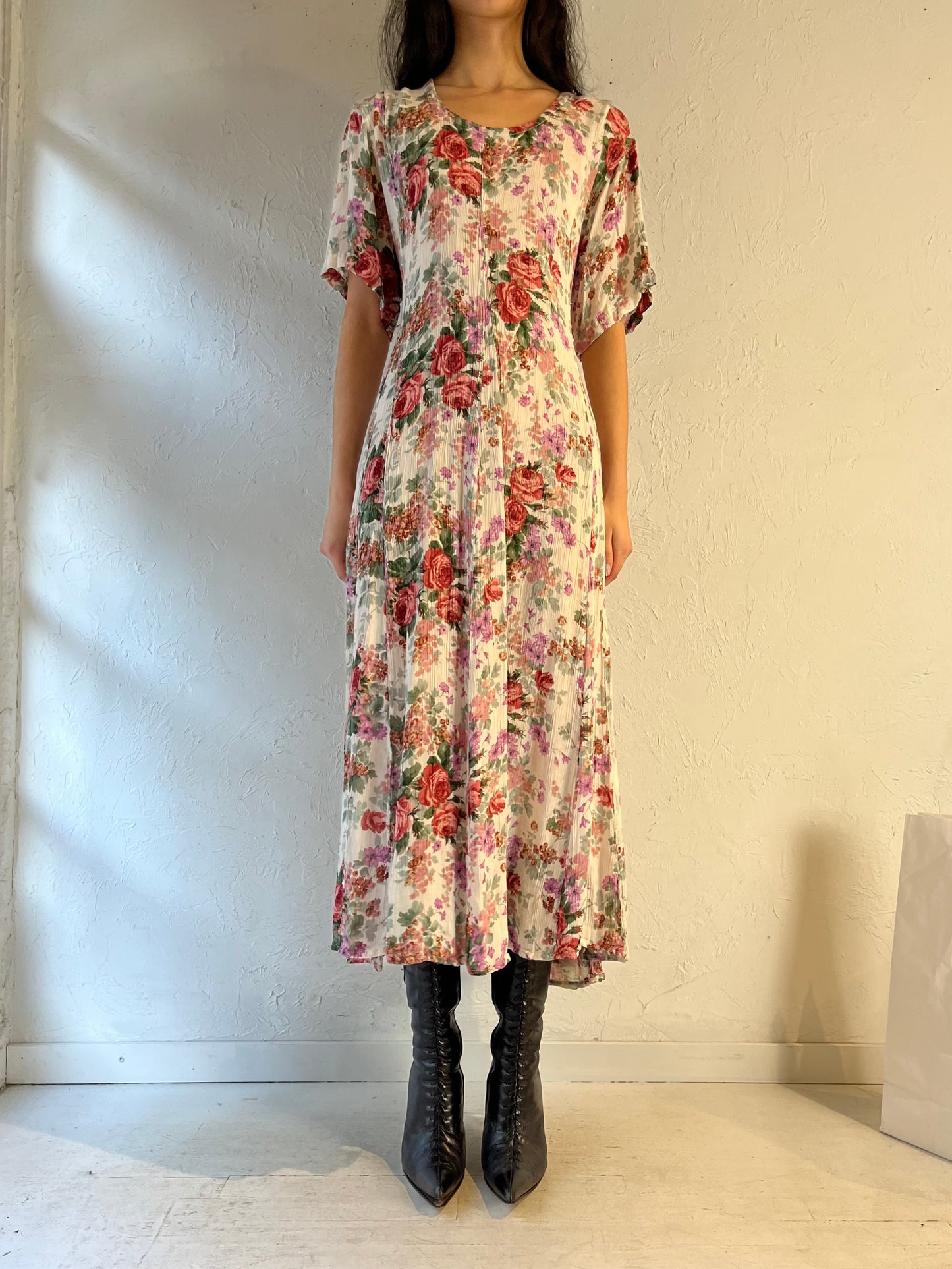 90s Floral Print Rayon Maxi Dress / Large