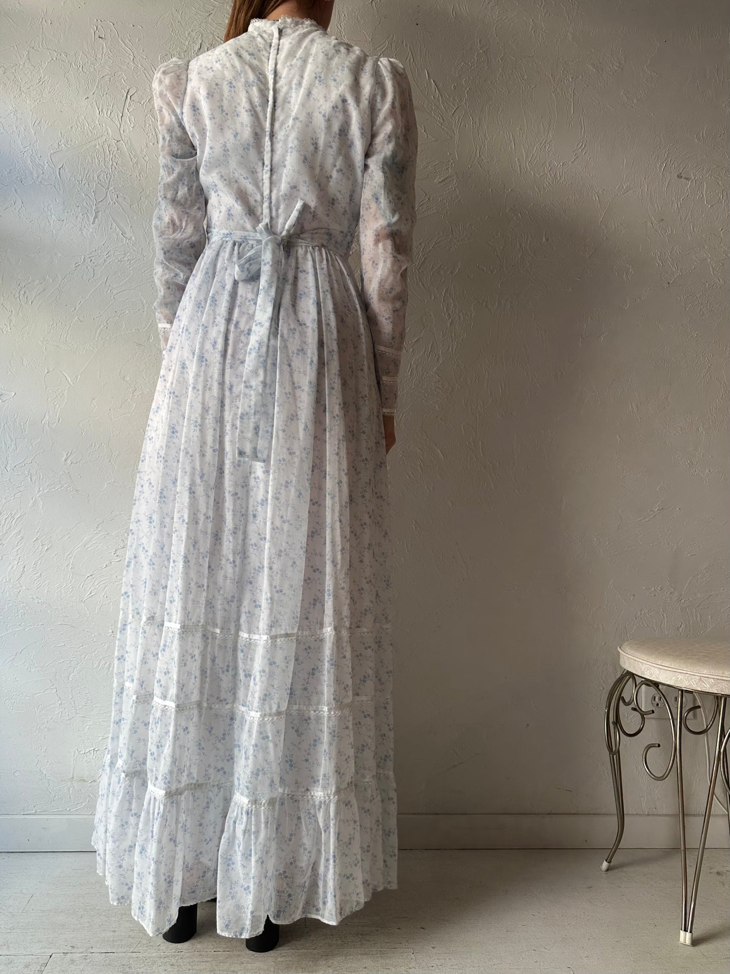 70s 'Candy Jones' Blue Floral Long Sleeve Peasant Dress / Small