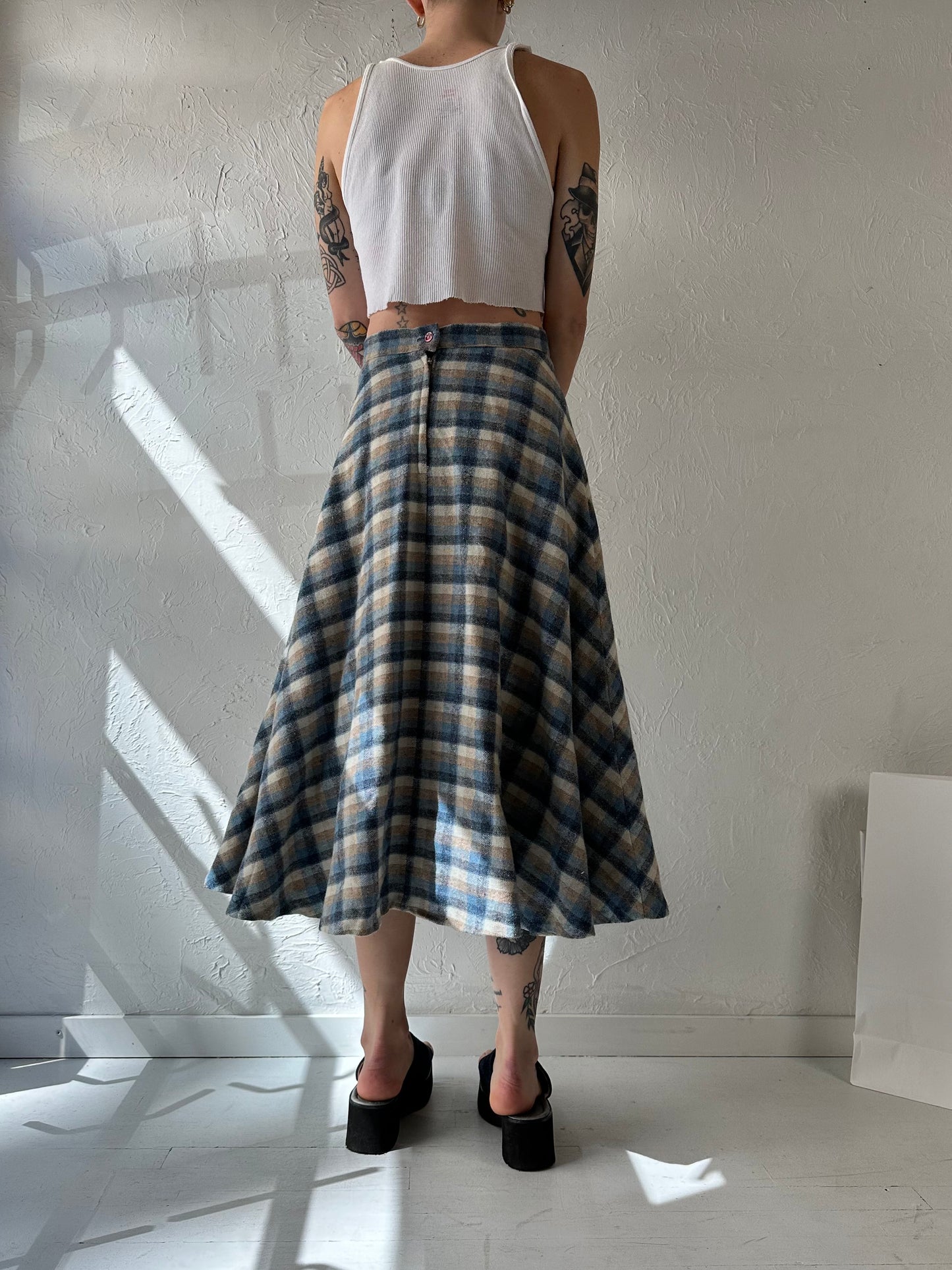 70s Blue Plaid Knit Midi Skirt / Small