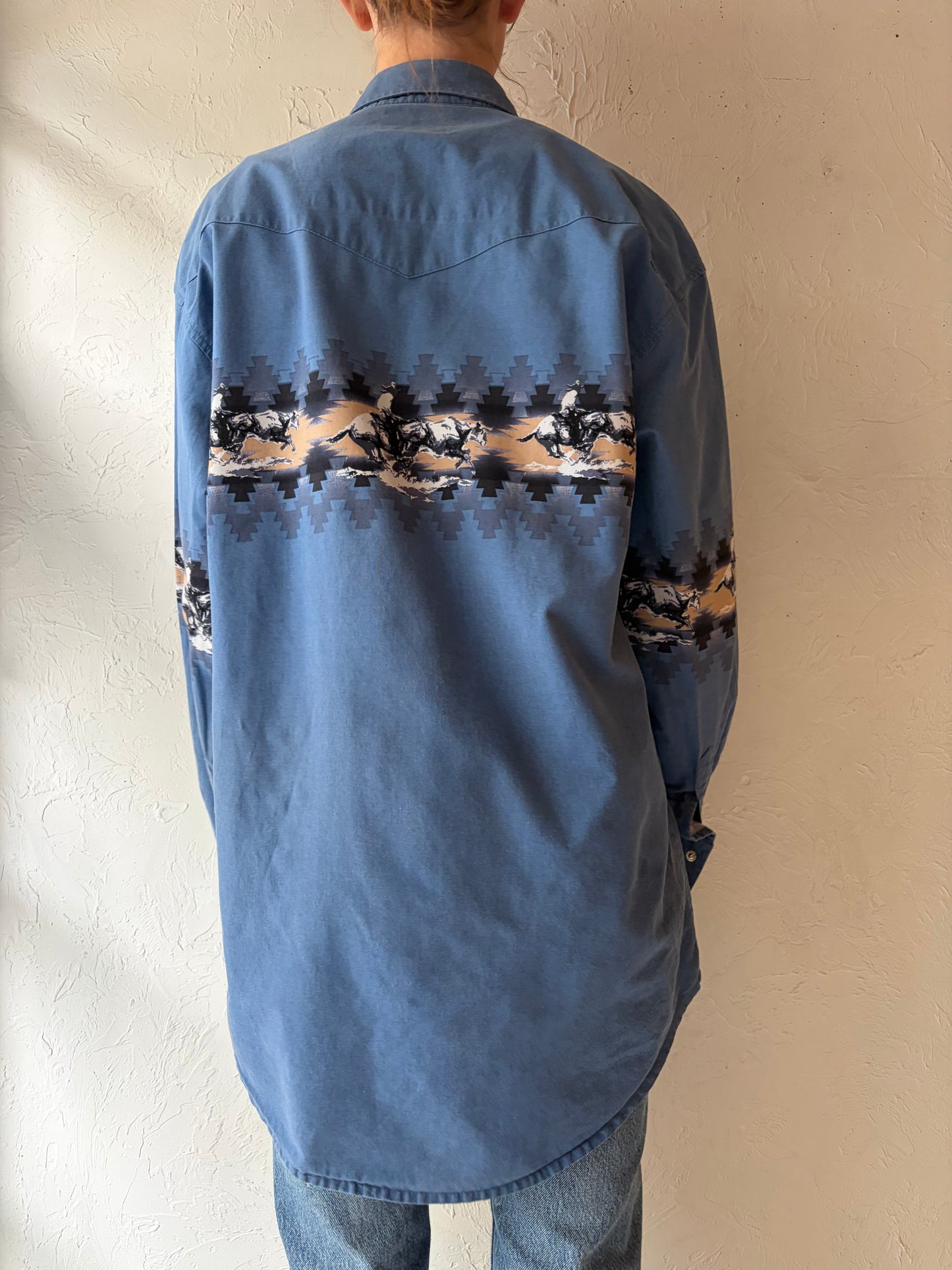 90s 'Wrangler' Blue Horse Print Western Snap Up Shirt / Vintage 1990s Cowboy Work Wear Shirt / Large