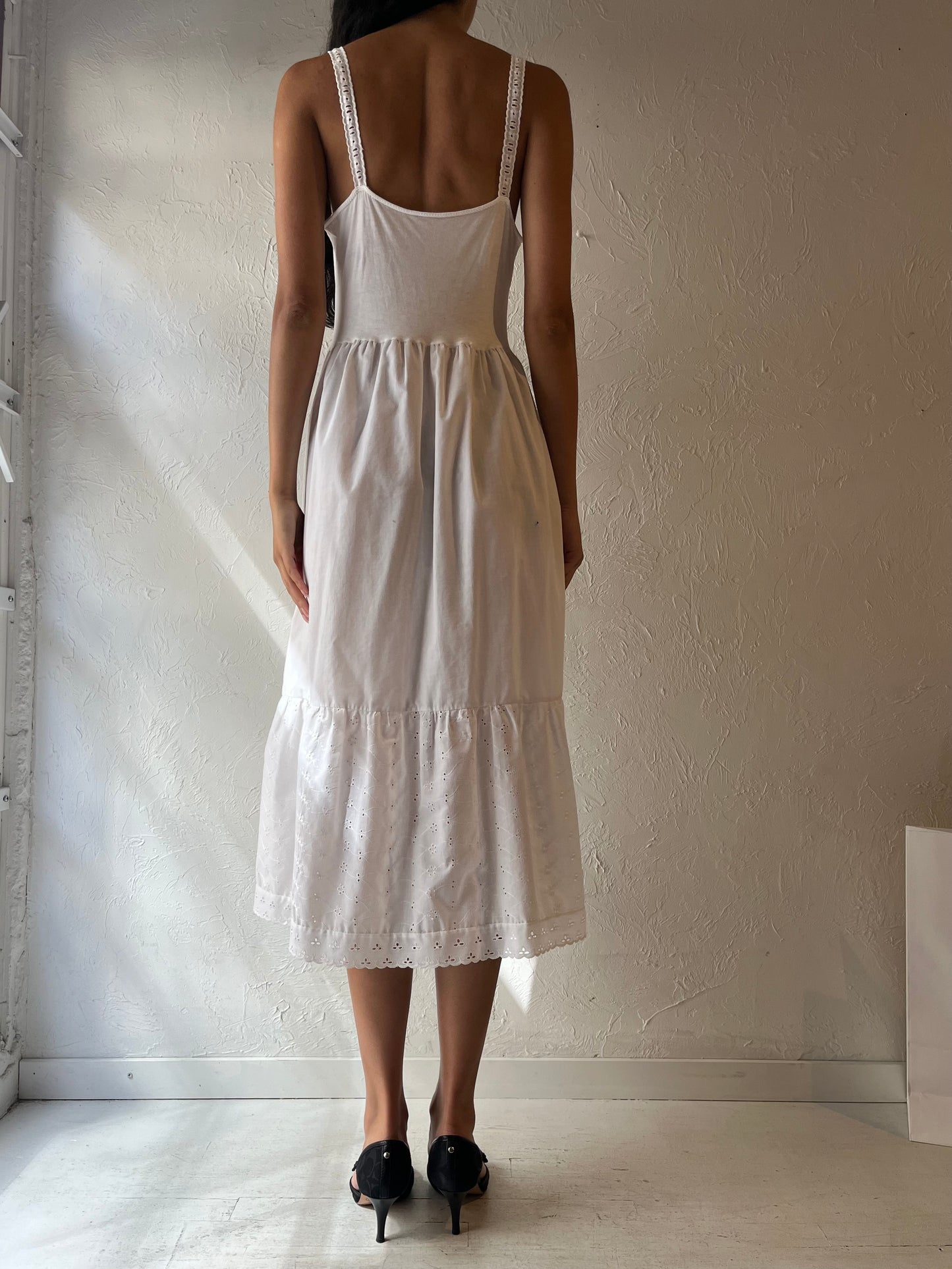 90s 'Jessica' White Eyelet Midi Dress / Small