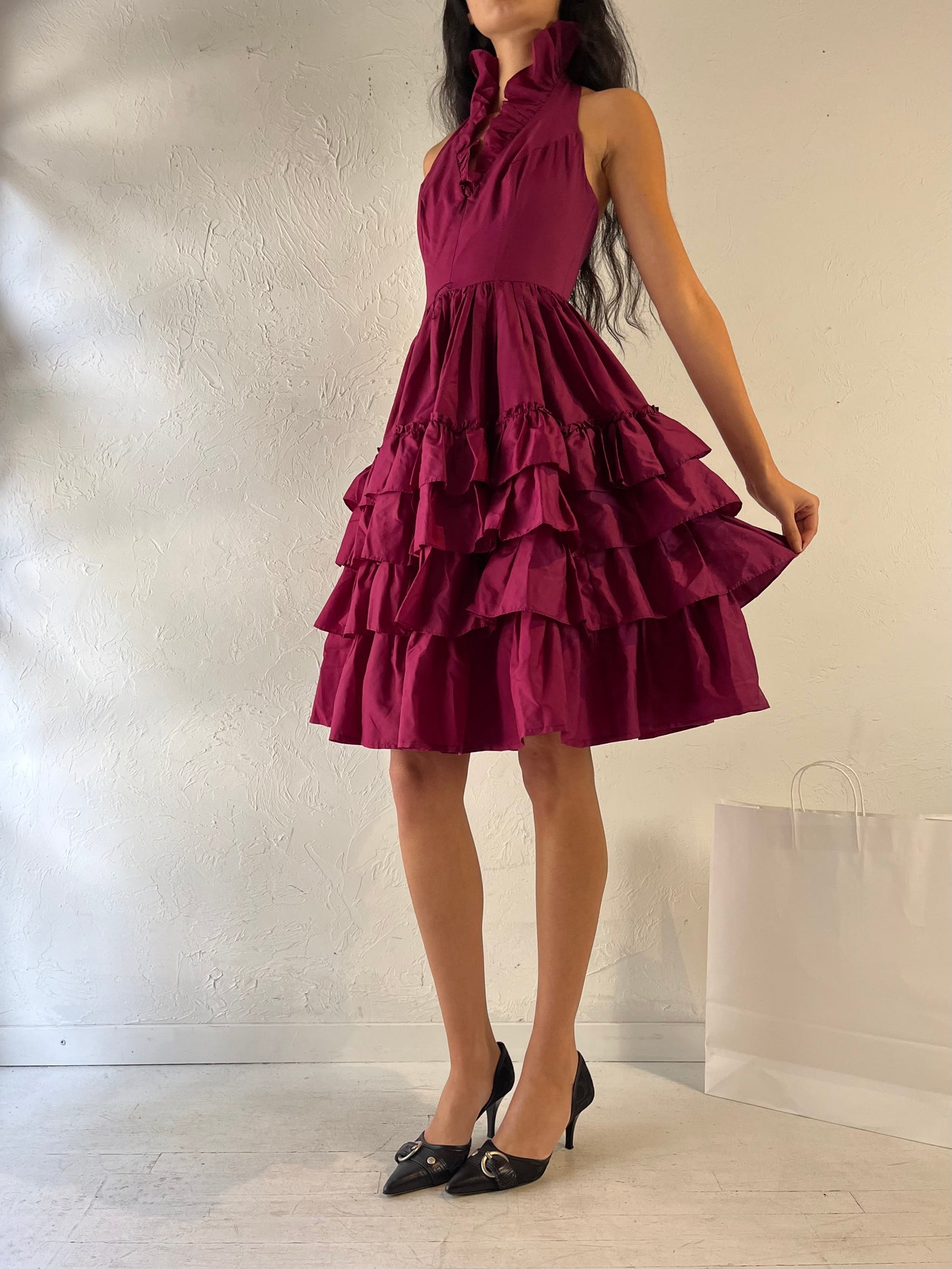 90s 'By Night' Plum Halter Ruffle Dress / Small