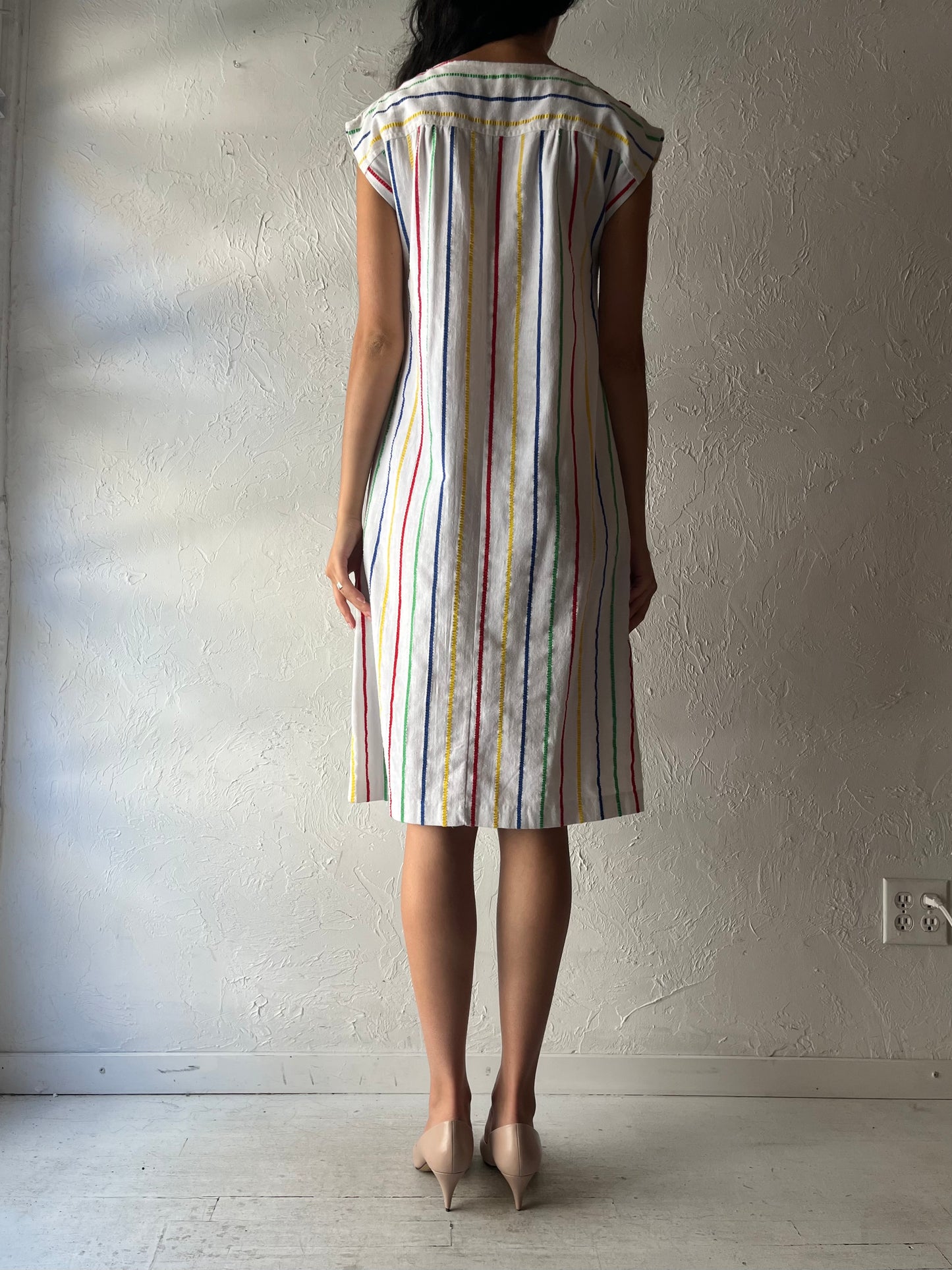 70s 'Pantel' Striped Cotton Midi Dress / Small