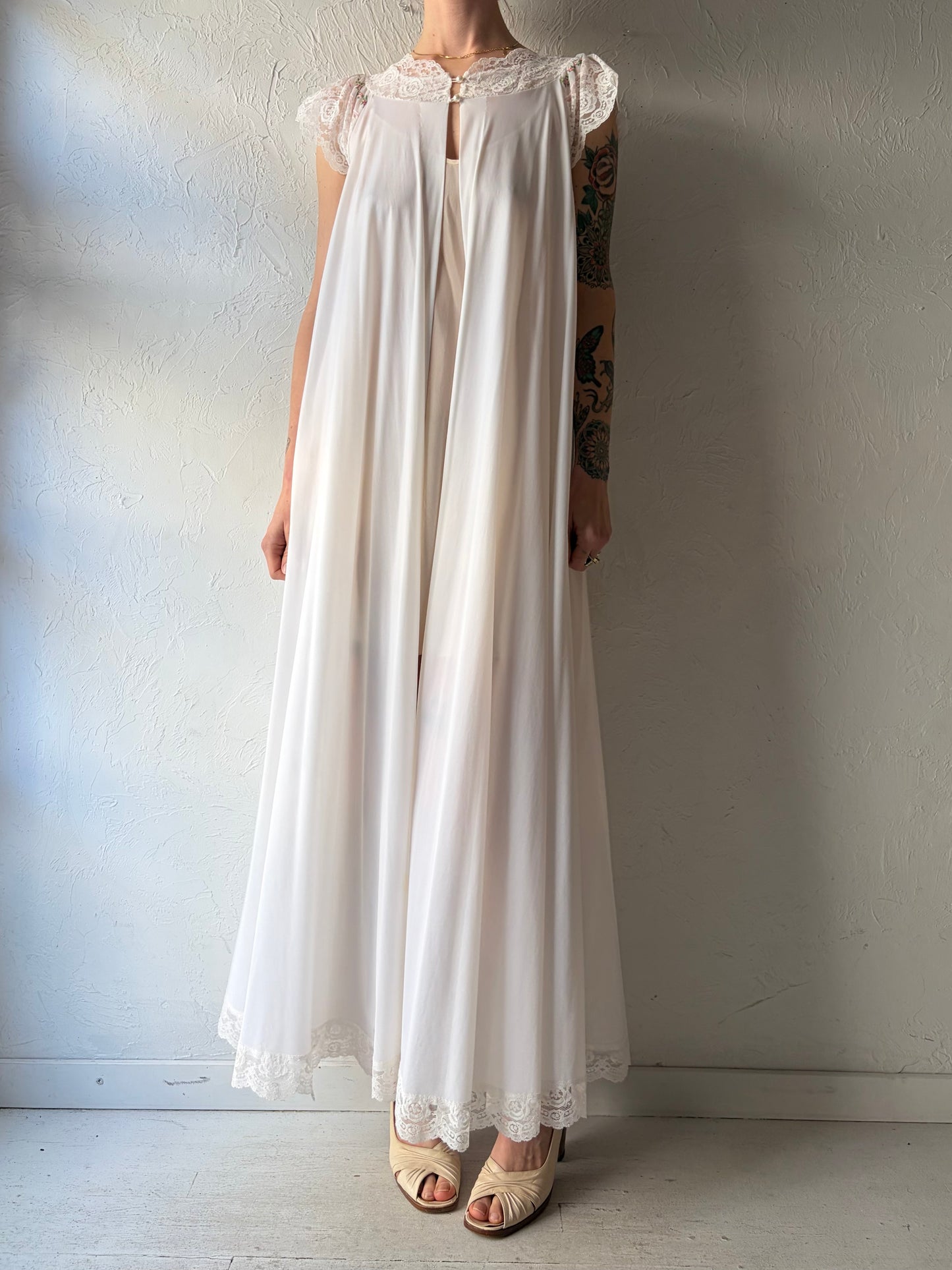 60s White Nylon Peignoir Robe / Small