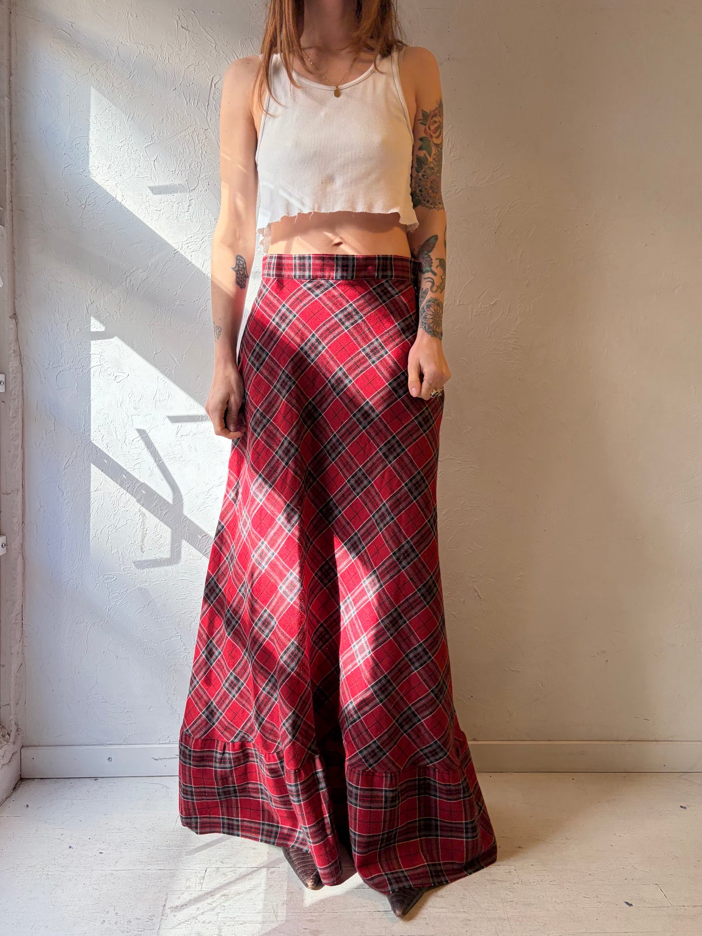 Vintage Handmade Wool Plaid Maxi Skirt / Medium