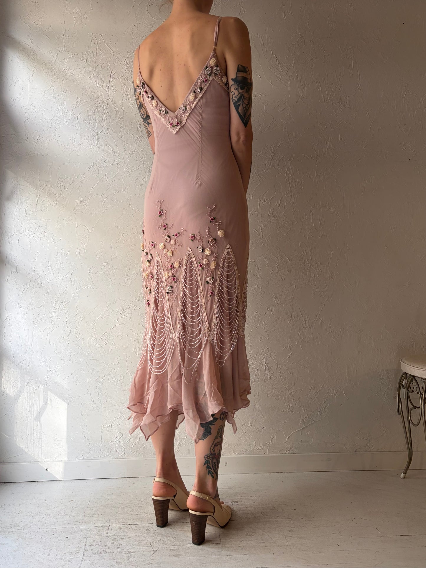 Y2k 'Zokai' Pink Beaded Formal Midi Dress / Small / Medium