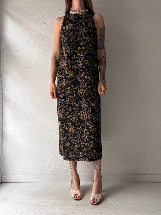 90s 'Jones Wear' Black Floral Print Midi Dress / Small